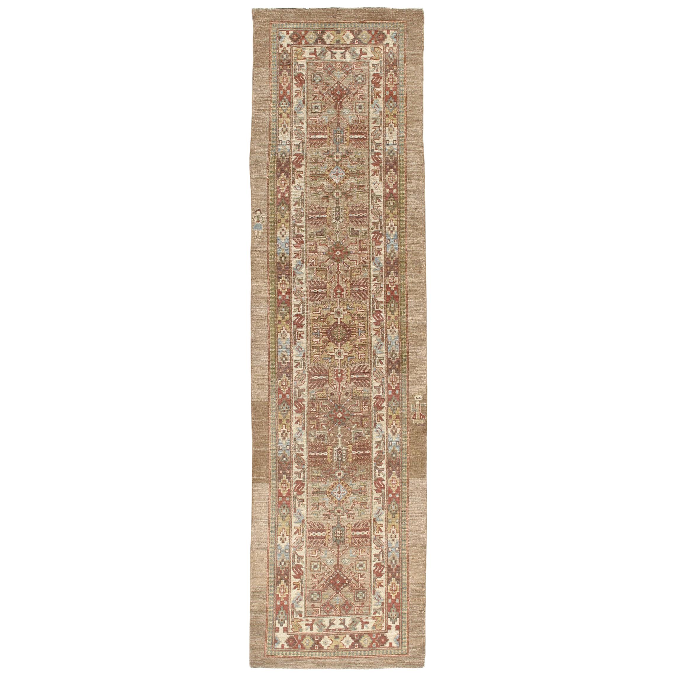 Persian Traditional Kurdish Hand Knotted Runner Rug in Camel, and Rust Color For Sale