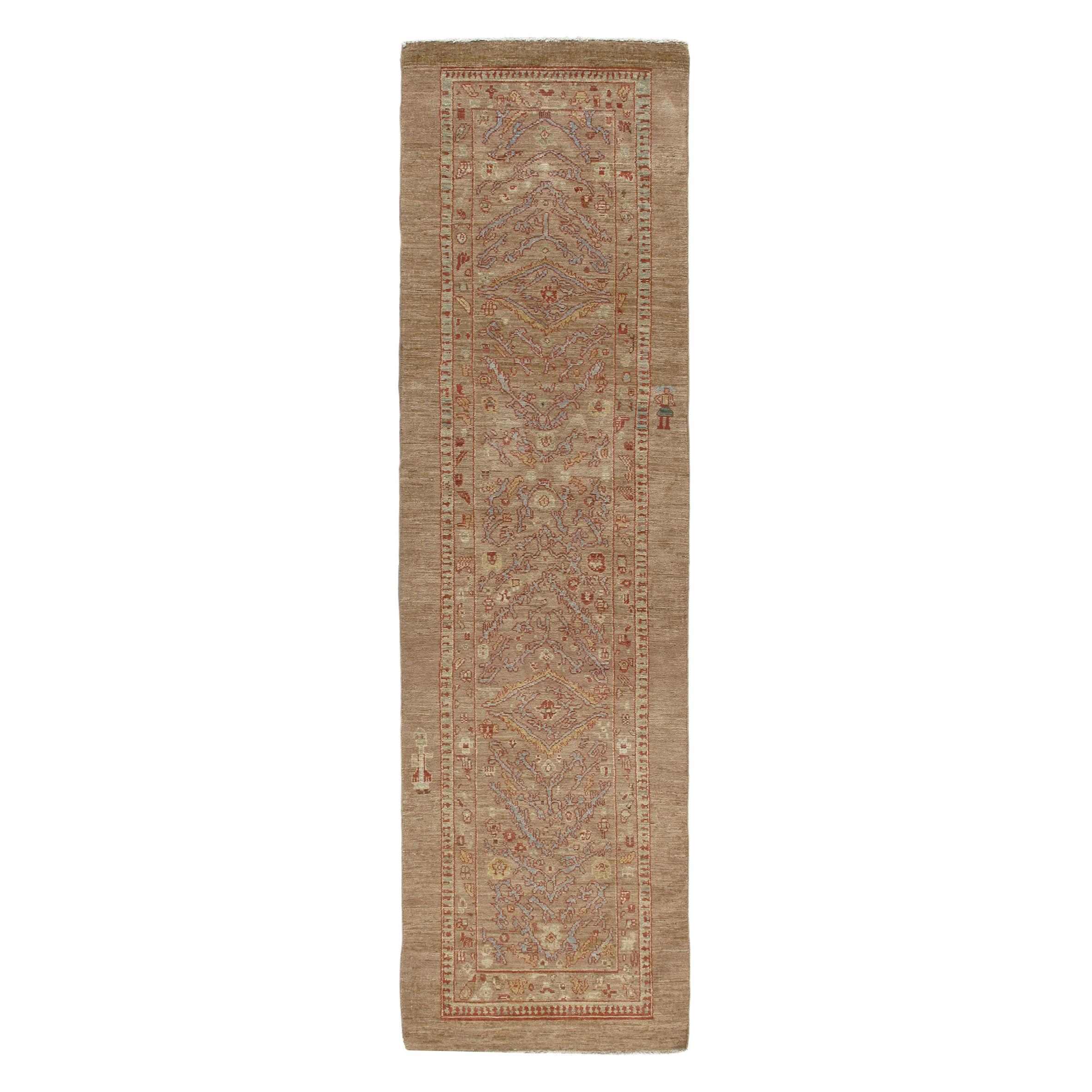 Persian Traditional Kurdish Hand Knotted Runner Rug in Camel, and Rust Color