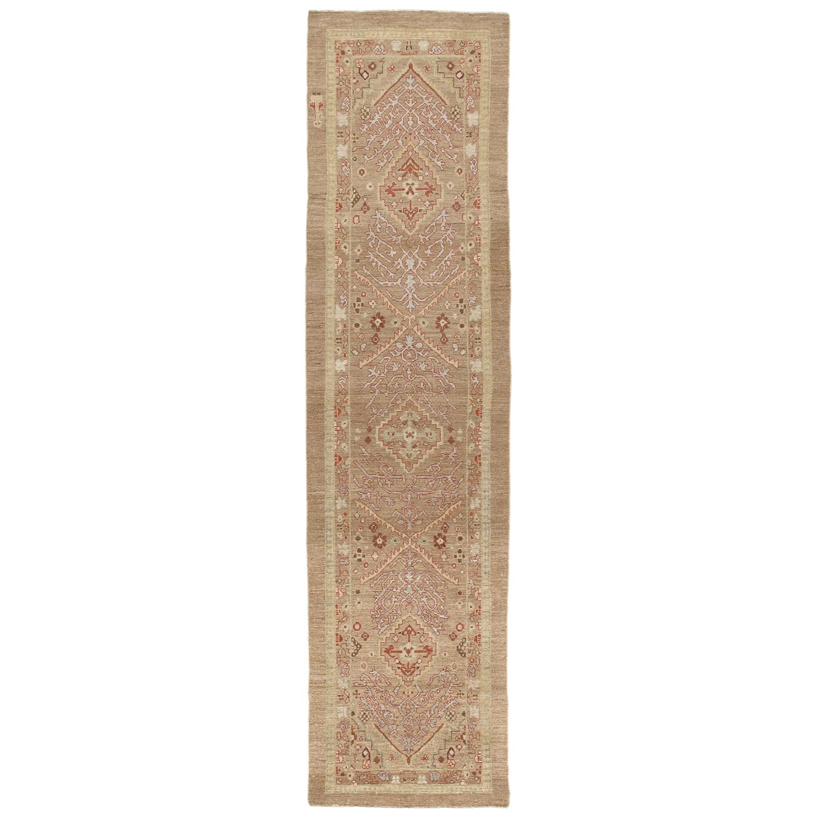 Persian Traditional Kurdish Handknotted Runner Rug in Camel and Rust Colors For Sale