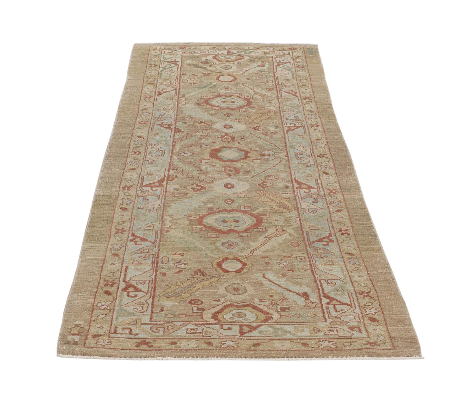 Tribal Persian Traditional Kurdish Hand Knotted Runner Rug in Camel, Pale Blue Color For Sale