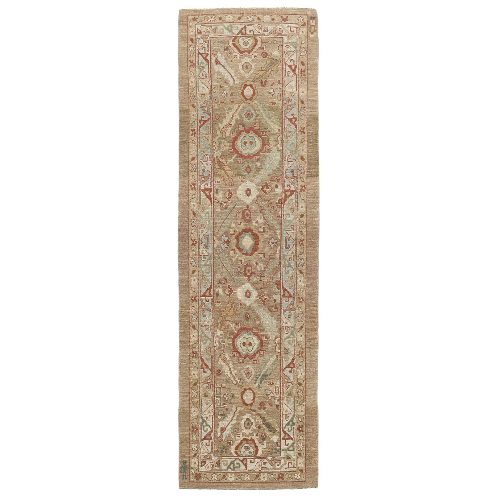 Persian Traditional Kurdish Hand Knotted Runner Rug in Camel, Pale Blue Color For Sale