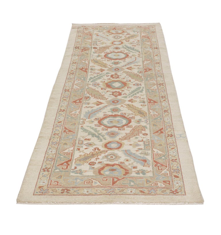 Persian Traditional Kurdish Hand Knotted Runner Rug in Ivory, and Rust ...