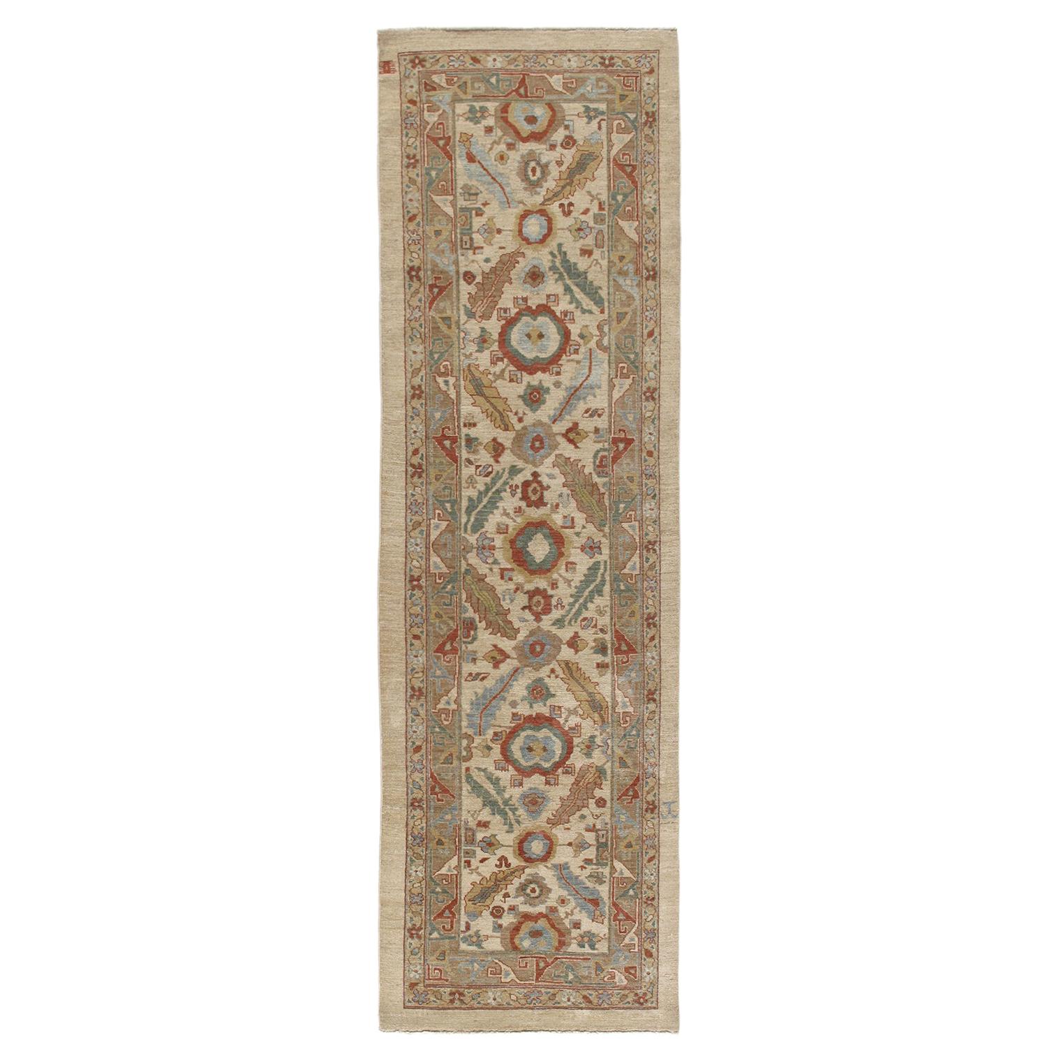 Persian Traditional Kurdish Hand Knotted Runner Rug in Ivory, and Rust Color For Sale