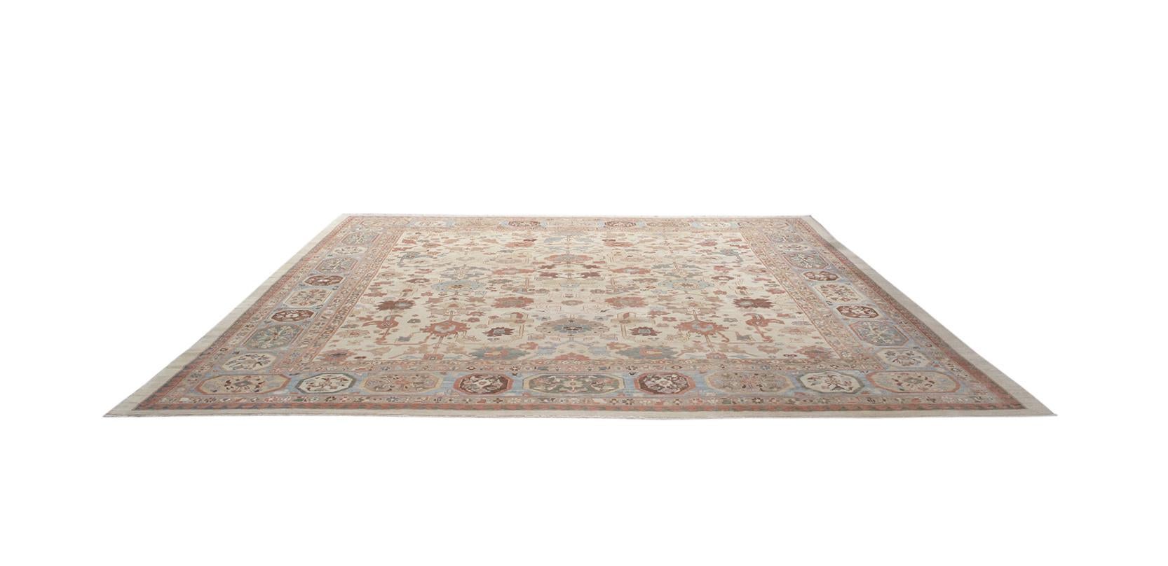 Contemporary Persian Traditional Kurdish Handknotted Rug in Ivory Pale Blue with Rust Accent For Sale