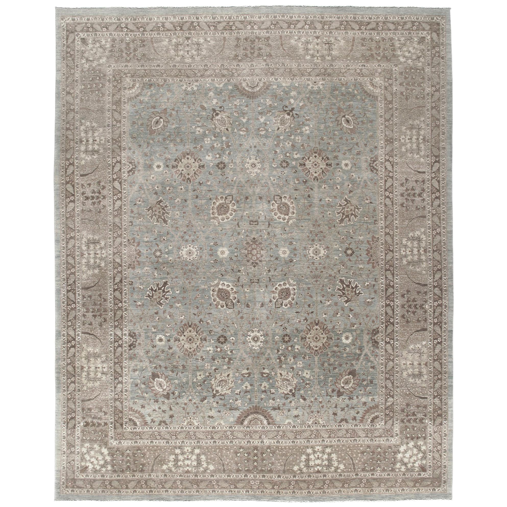 Persian Traditional Tabriz Handknotted Rug in Camel and Pale Blue Color For Sale
