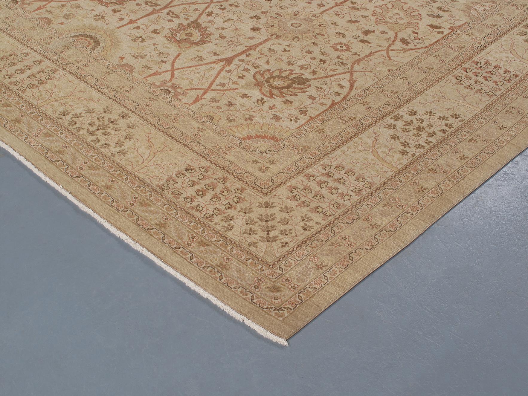 Contemporary Persian Traditional Tabriz Hand Knotted Rug in Ivory, Camel, and Rust Colors For Sale