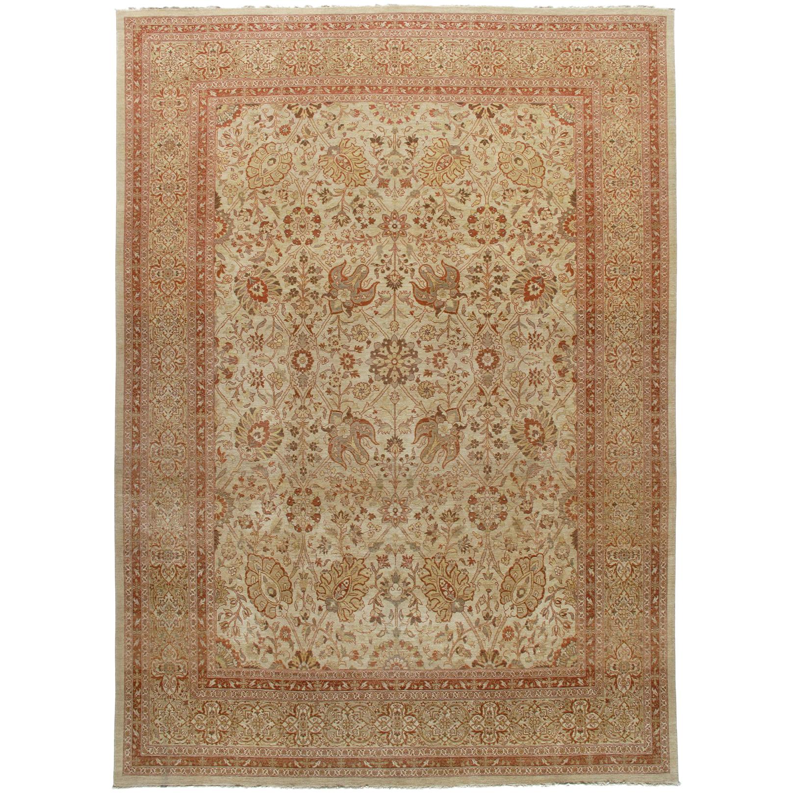 Persian Traditional Tabriz Hand Knotted Rug in Ivory, Camel and Rust For Sale