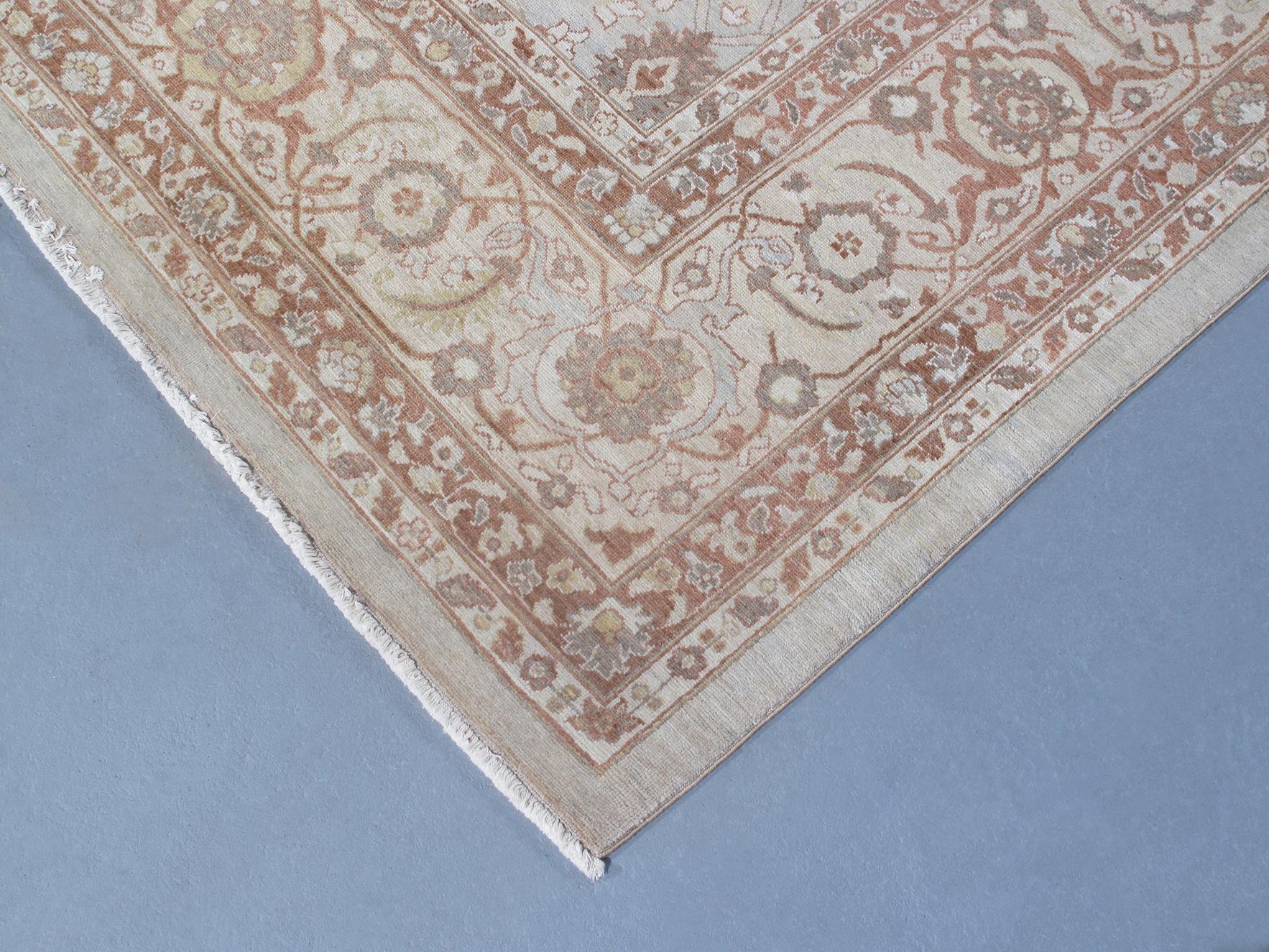 Contemporary Persian Traditional Tabriz Hand Knotted Rug in Pale Blue, Beige and Rust For Sale
