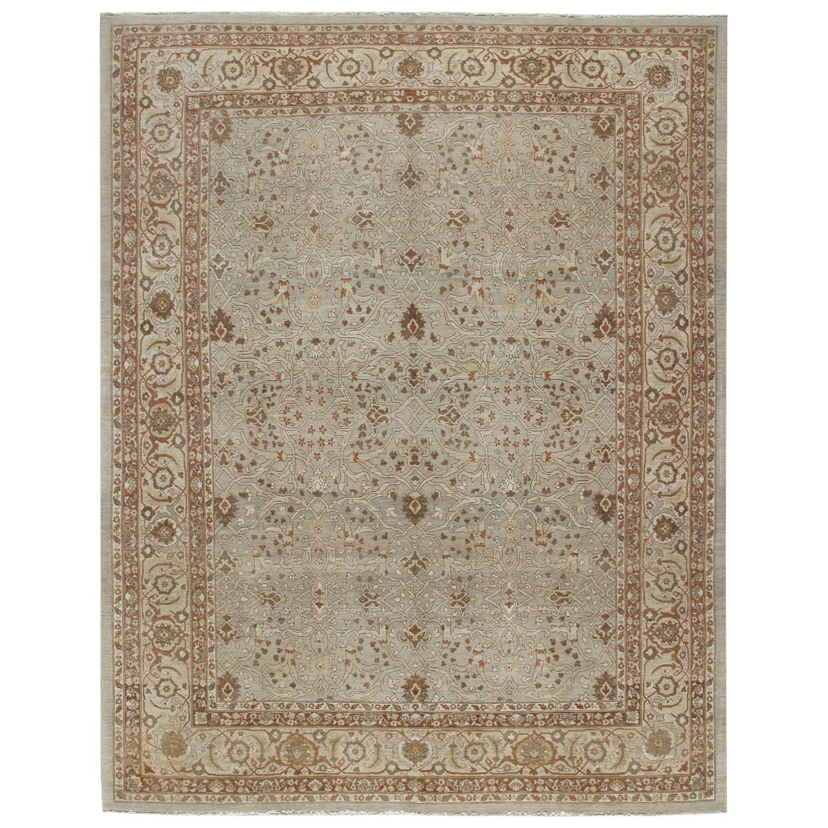 Persian Traditional Tabriz Hand Knotted Rug in Pale Blue, Beige and Rust For Sale