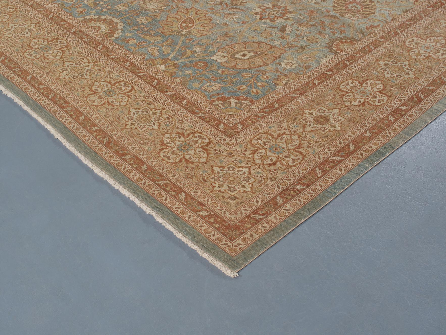 Contemporary Persian Traditional Tabriz Hand Knotted Rug with Blue and Sand Colors For Sale
