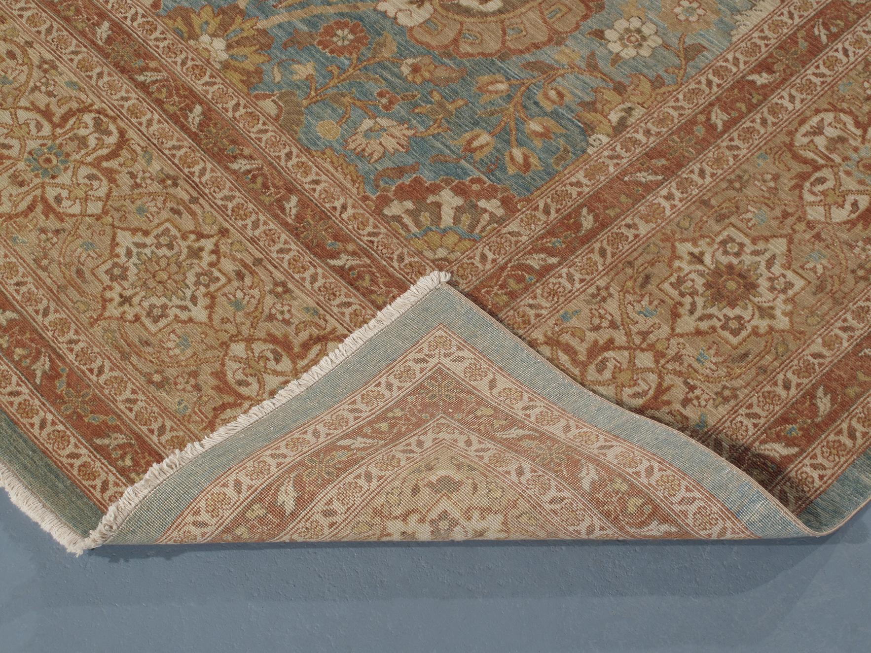 Wool Persian Traditional Tabriz Hand Knotted Rug with Blue and Sand Colors For Sale