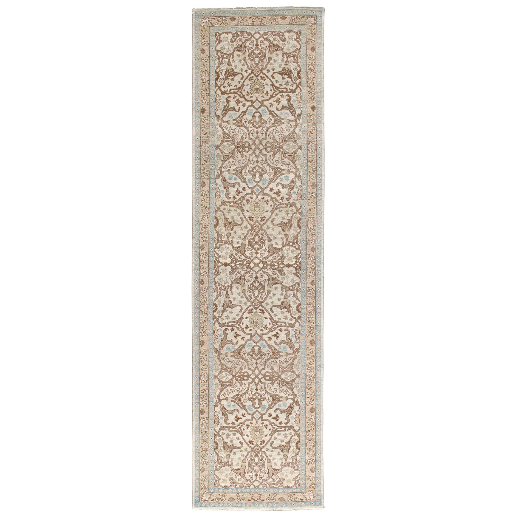 Persian Traditional Tabriz Handknotted Runner Rug in Ivory, Camel and Rust Color For Sale