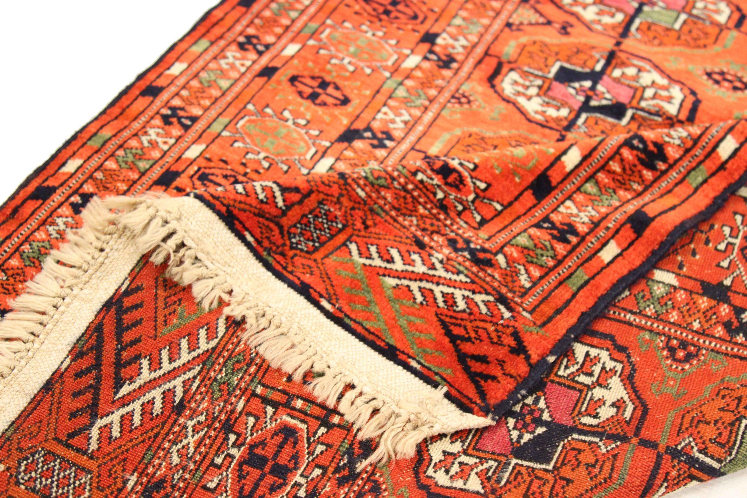 Alfombra Persa Turkeman Small - Lana Verde Marfil Rojo Design - 75113 Asiático en venta