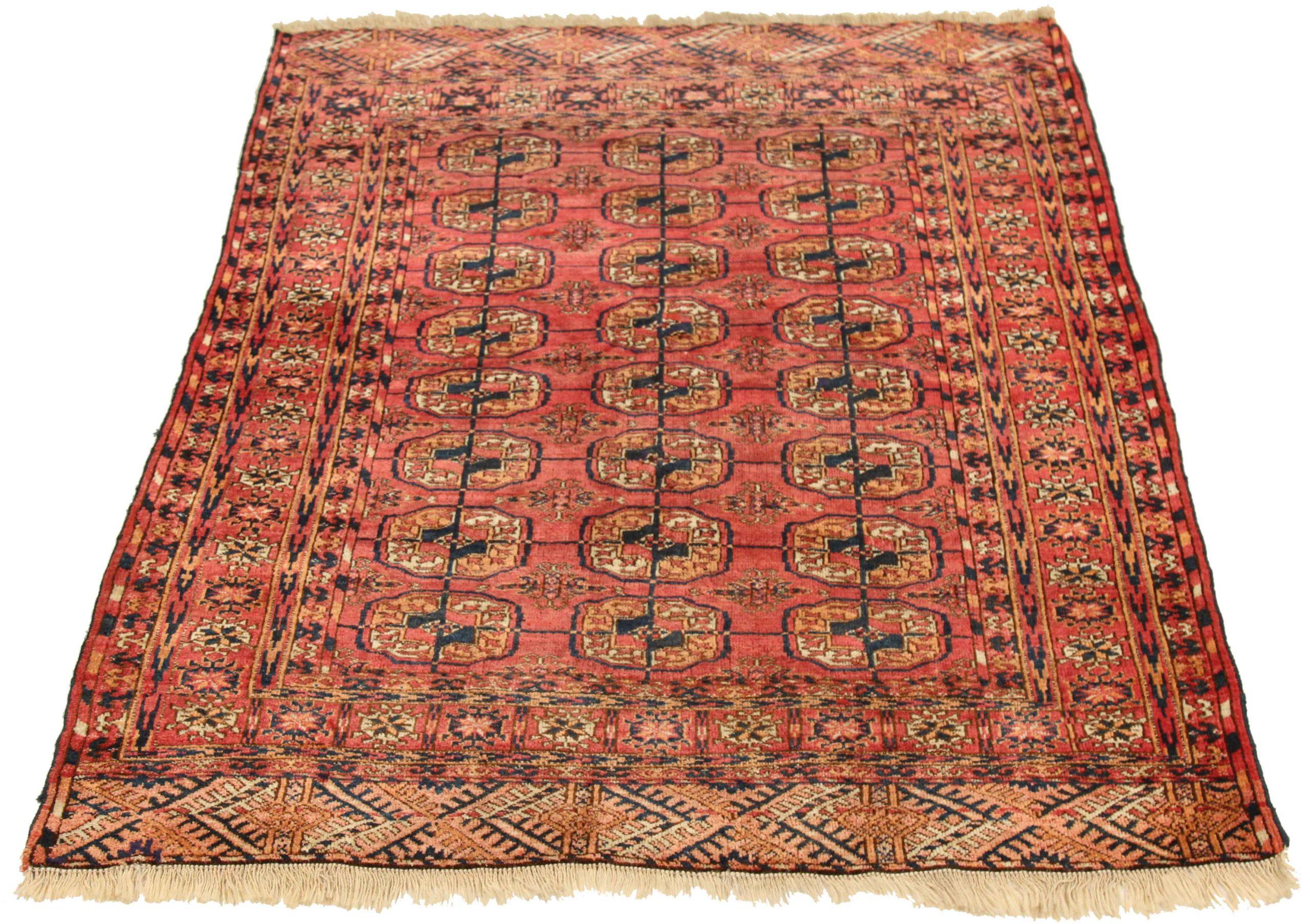 Entdecken Sie die Eleganz des persischen Turkeman mit dem kleinen Teppich von CIRCA 1880. Dieses exklusive Design aus Wolle und ElfenbeinMarineblauRot ist perfekt, um Ihren Raum zu verschönern.