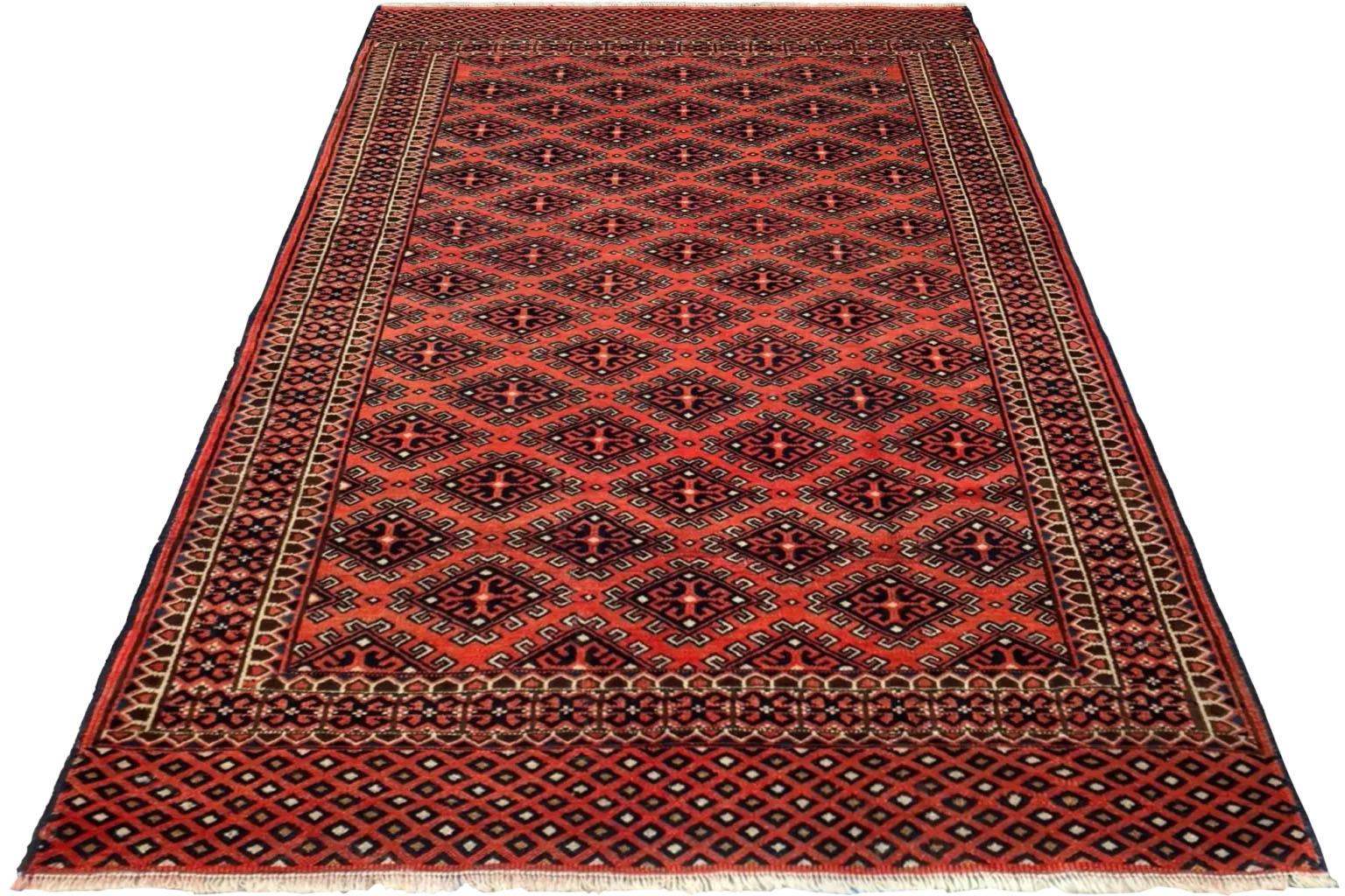 Hand-Woven Persian Turkeman Small Rug Circa 1910 - Wool Black Ivory Red Design For Sale