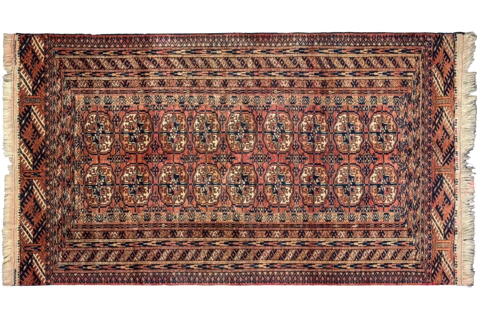 Tribal Persian Turkeman Small Rug Circa 1910 - Wool Black Pink Yellow Design For Sale