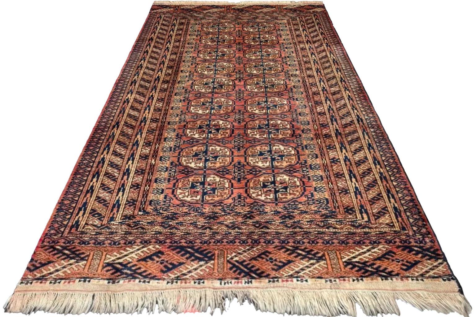 Hand-Woven Persian Turkeman Small Rug Circa 1910 - Wool Black Pink Yellow Design For Sale