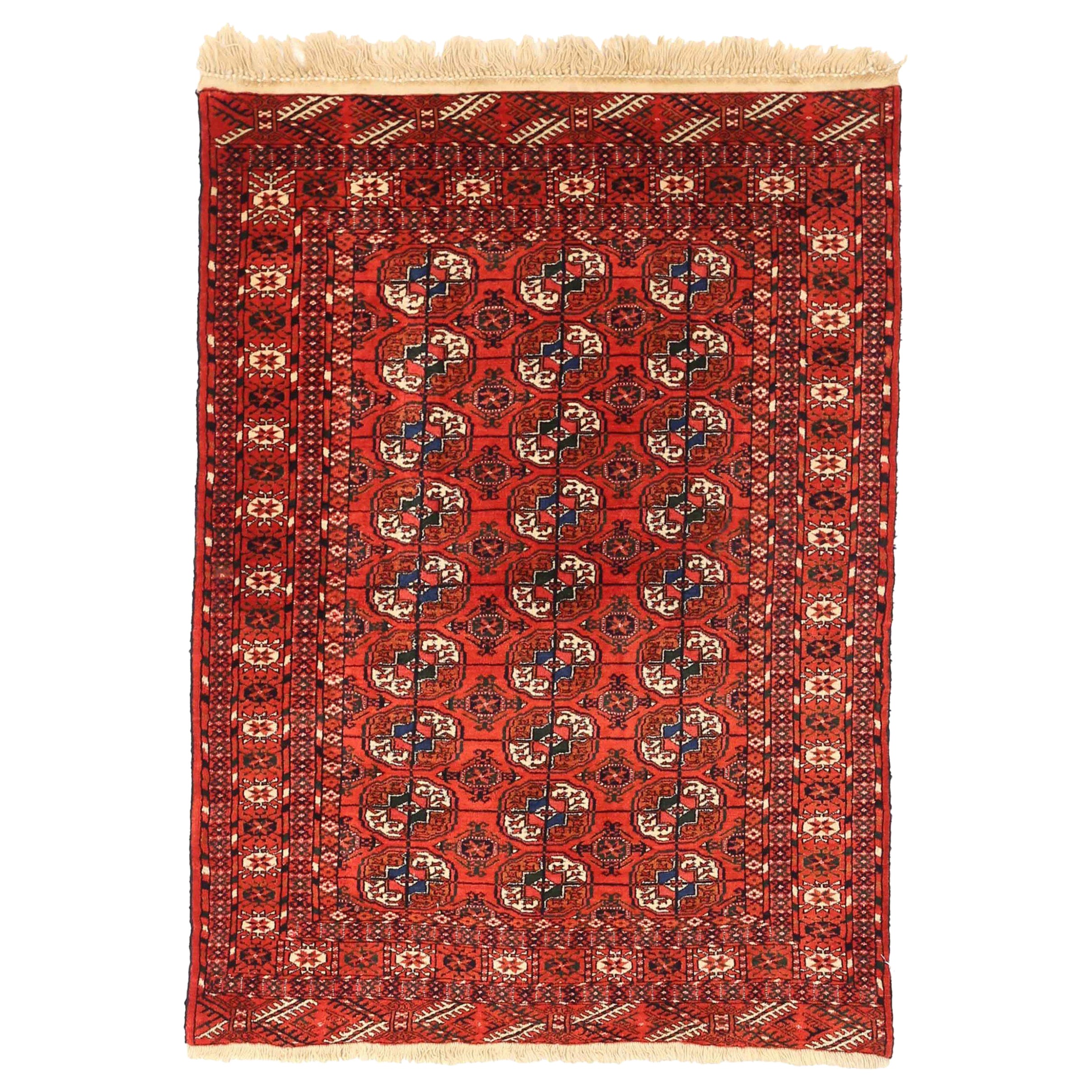 Persian Turkeman Small Rug Circa 1910 - Wool Ivory Red Design - 75180