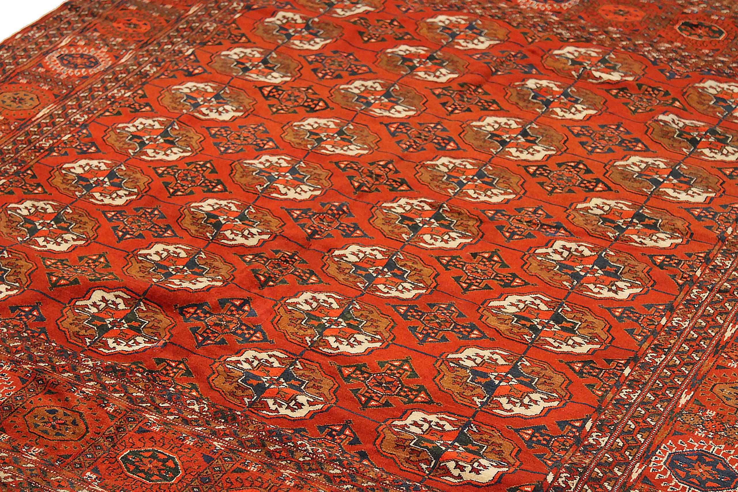 Asian Persian Turkeman Small Rug Circa 1940 - Wool Ivory Red Yellow 72426 For Sale