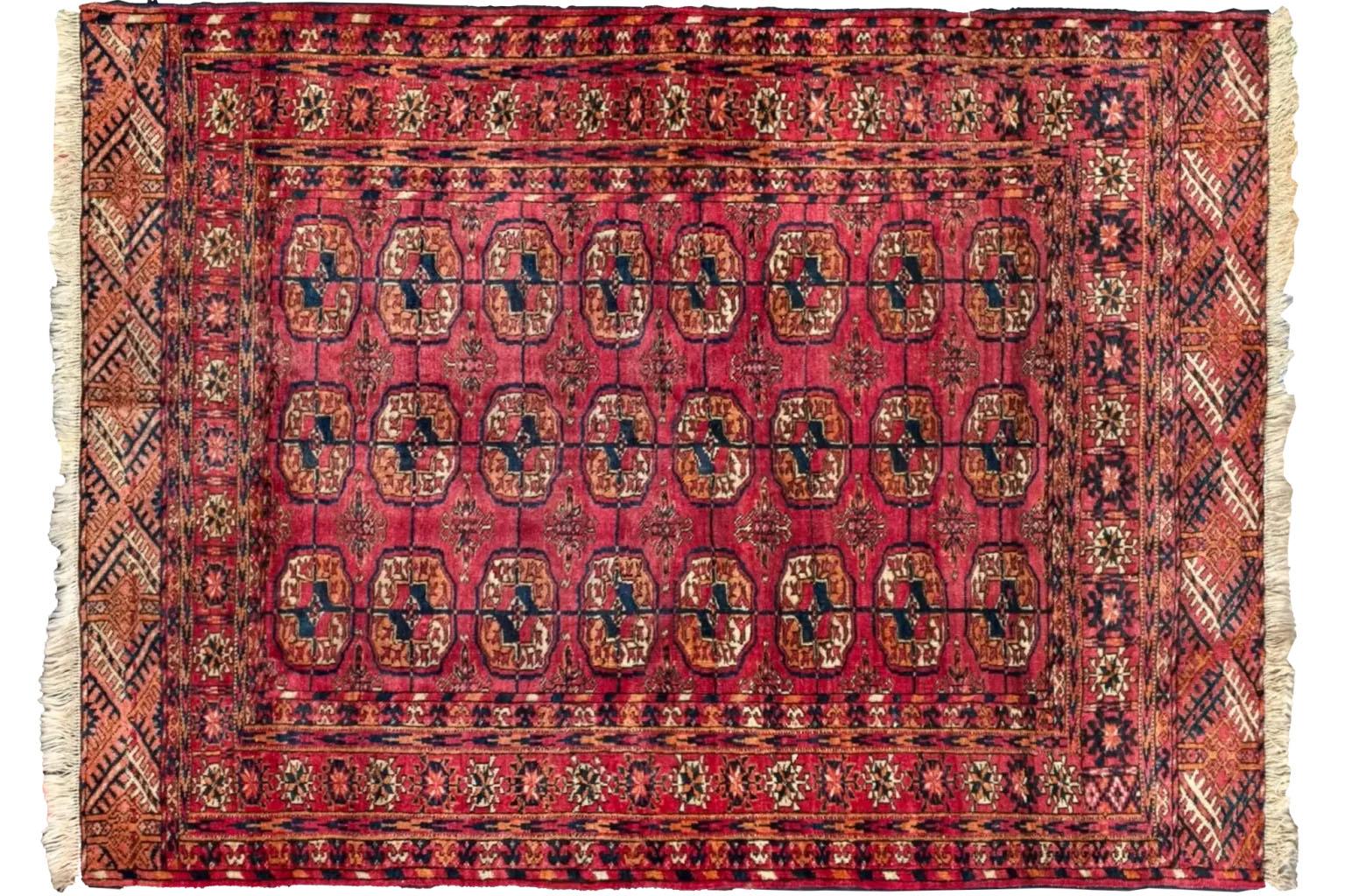 Tribal Persian Turkeman Small Rug - Ivory Navy Blue Red Design For Sale