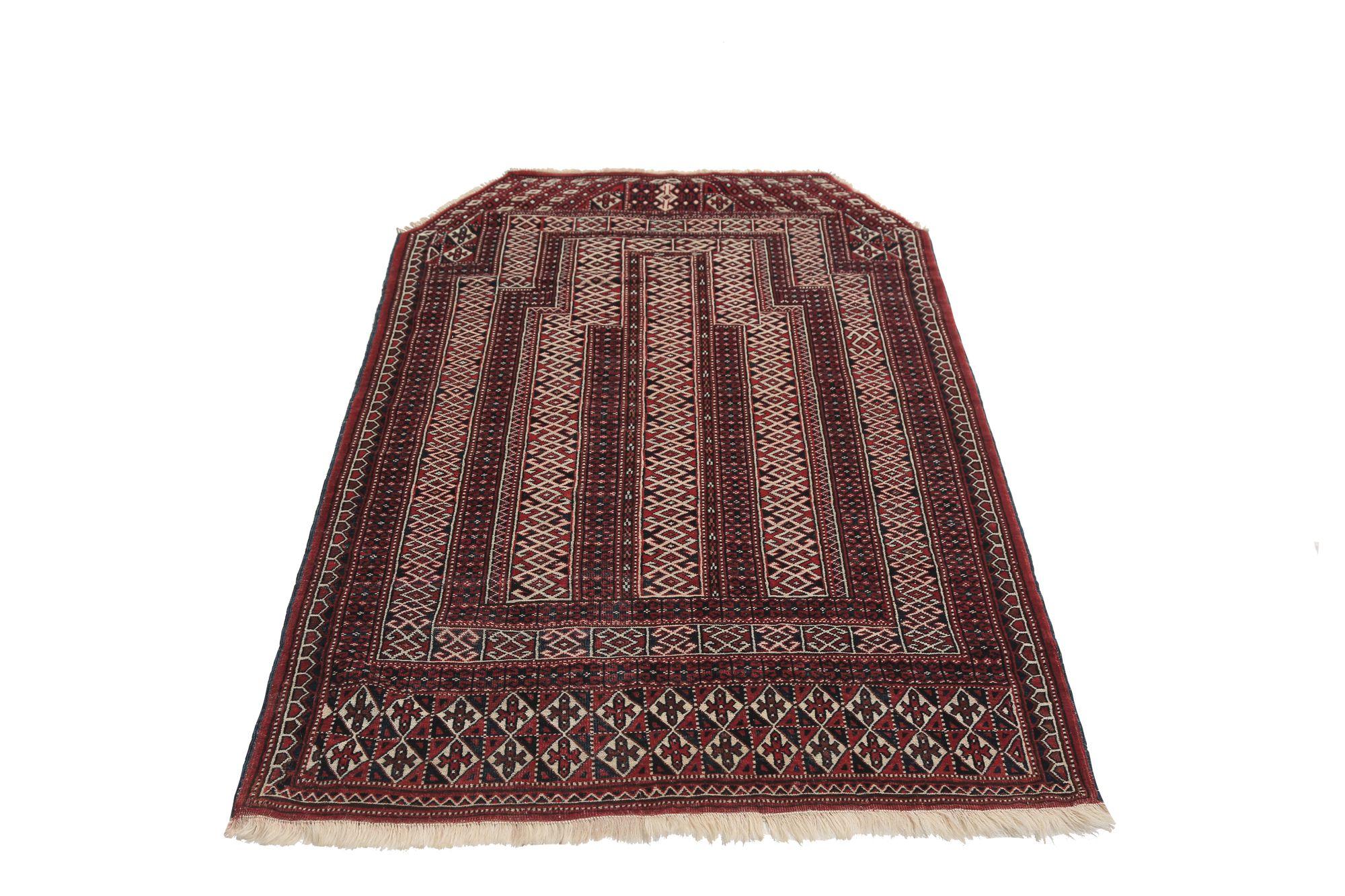 Persischer Turkeman Kleiner Teppich - Wolle Elfenbeinrot Design - 96922 (20. Jahrhundert) im Angebot