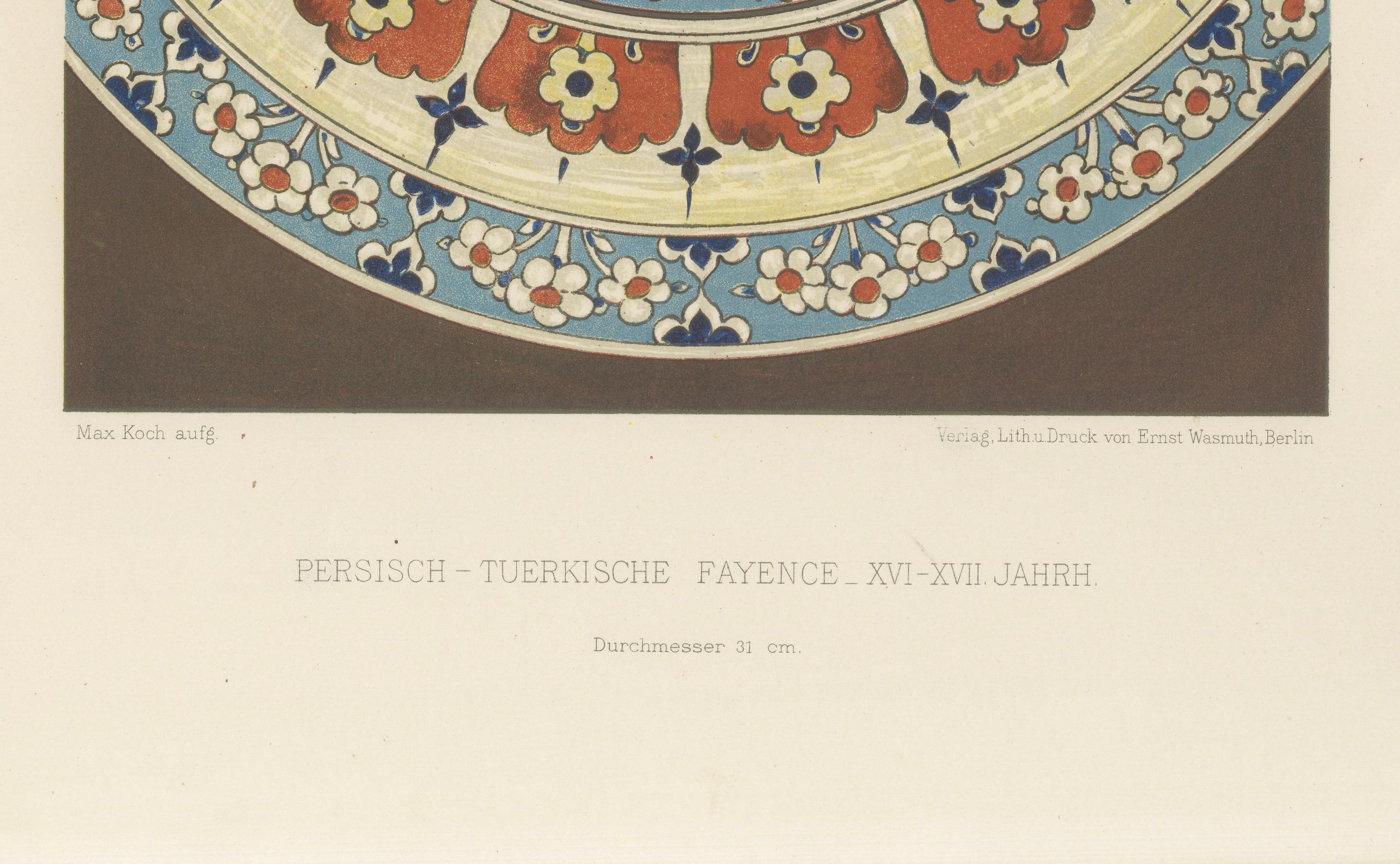Persisch-türkischer Fayence-Teller mit Nelken- und Tulpenmotiv - Julius Lessing, Berlin 1890

Eine detailreiche Chromolithografie aus Julius Lessings Persisch-Türkische Fayencen, herausgegeben von Ernst Wasmuth, Berlin, 1890 im Rahmen der