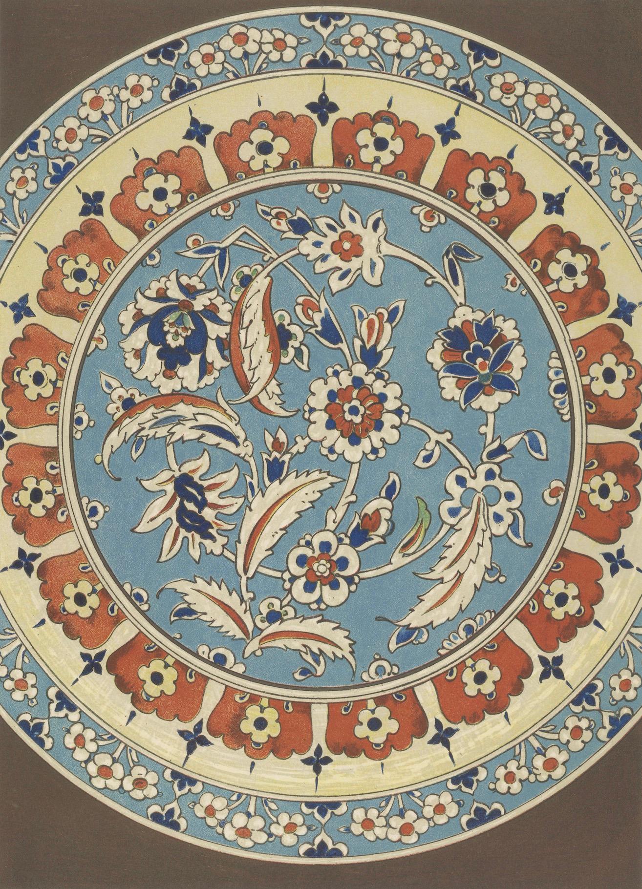 Persisch-türkischer Fayenceteller mit Nelken- und Tulpenmotiv - J.Lessing, 1890 (Spätes 19. Jahrhundert) im Angebot