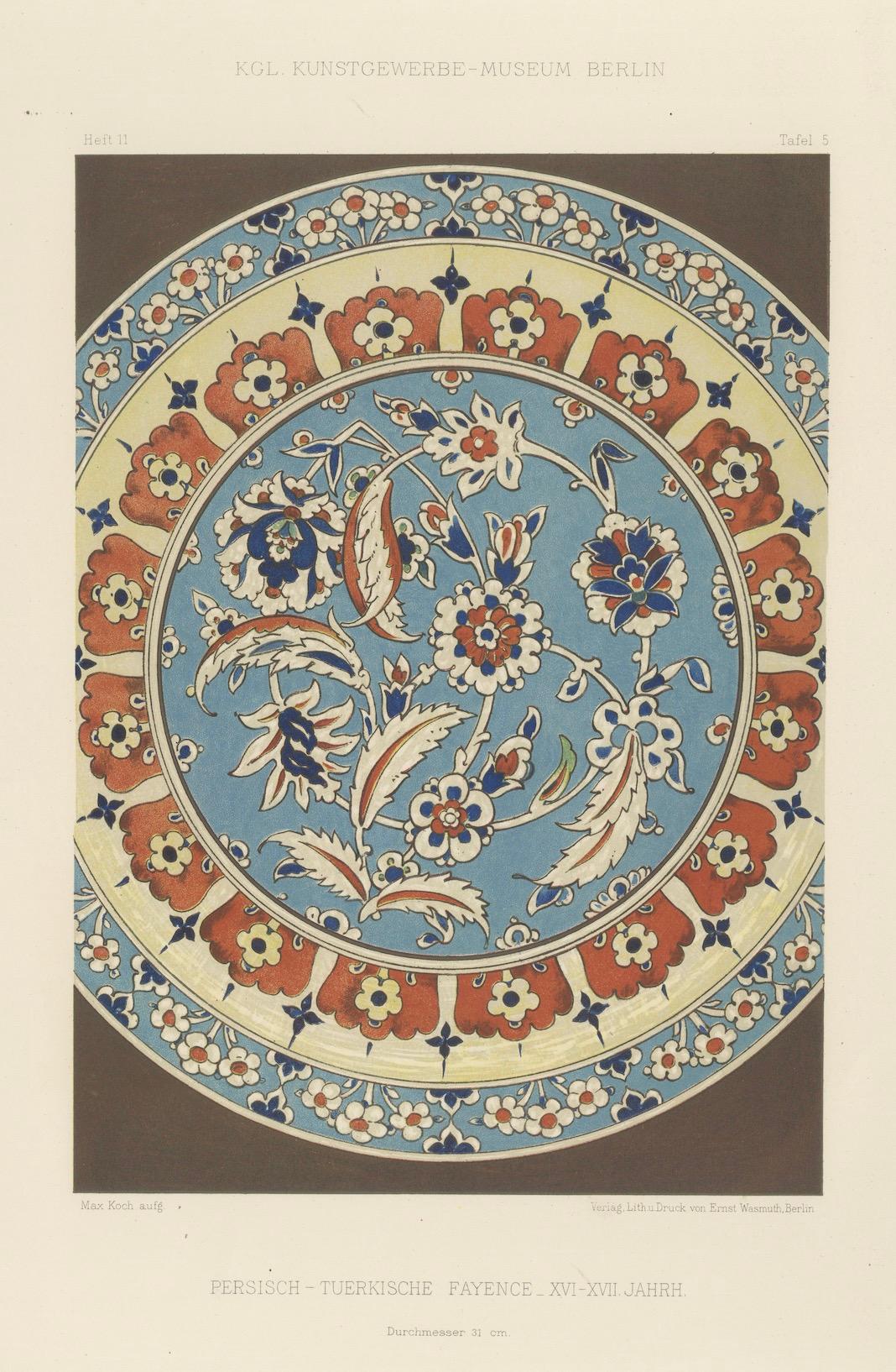 Persisch-türkischer Fayenceteller mit Nelken- und Tulpenmotiv - J.Lessing, 1890 (Papier) im Angebot