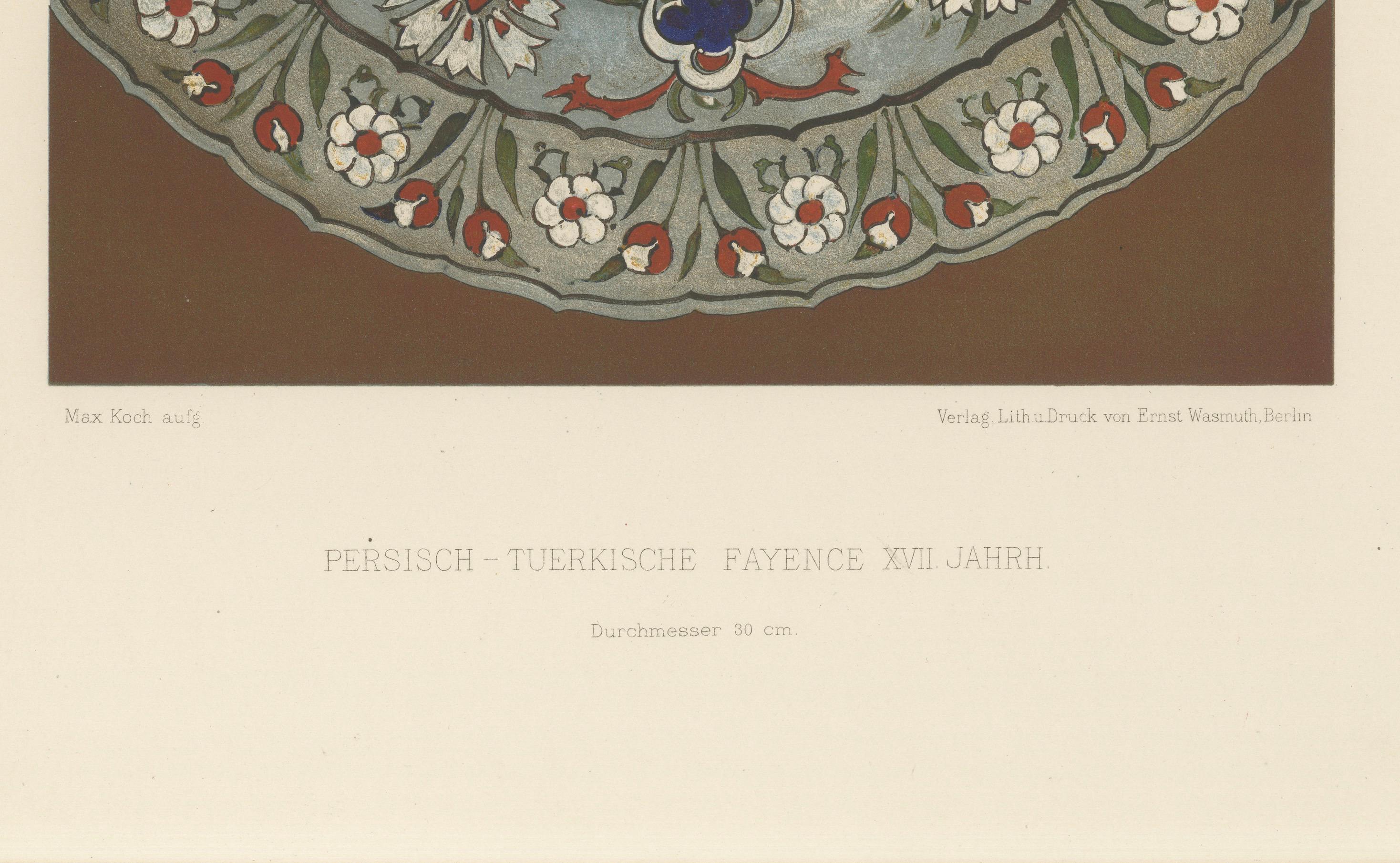 Persisch-türkischer Fayenceteller mit Nelkenmotiv - Julius Lessing, Berlin 1890

Beschreibung:
Eine detailreiche Chromolithografie aus den Persisch-Türkischen Fayencen von Julius Lessing, herausgegeben von Ernst Wasmuth in Berlin, 1890, als Teil der