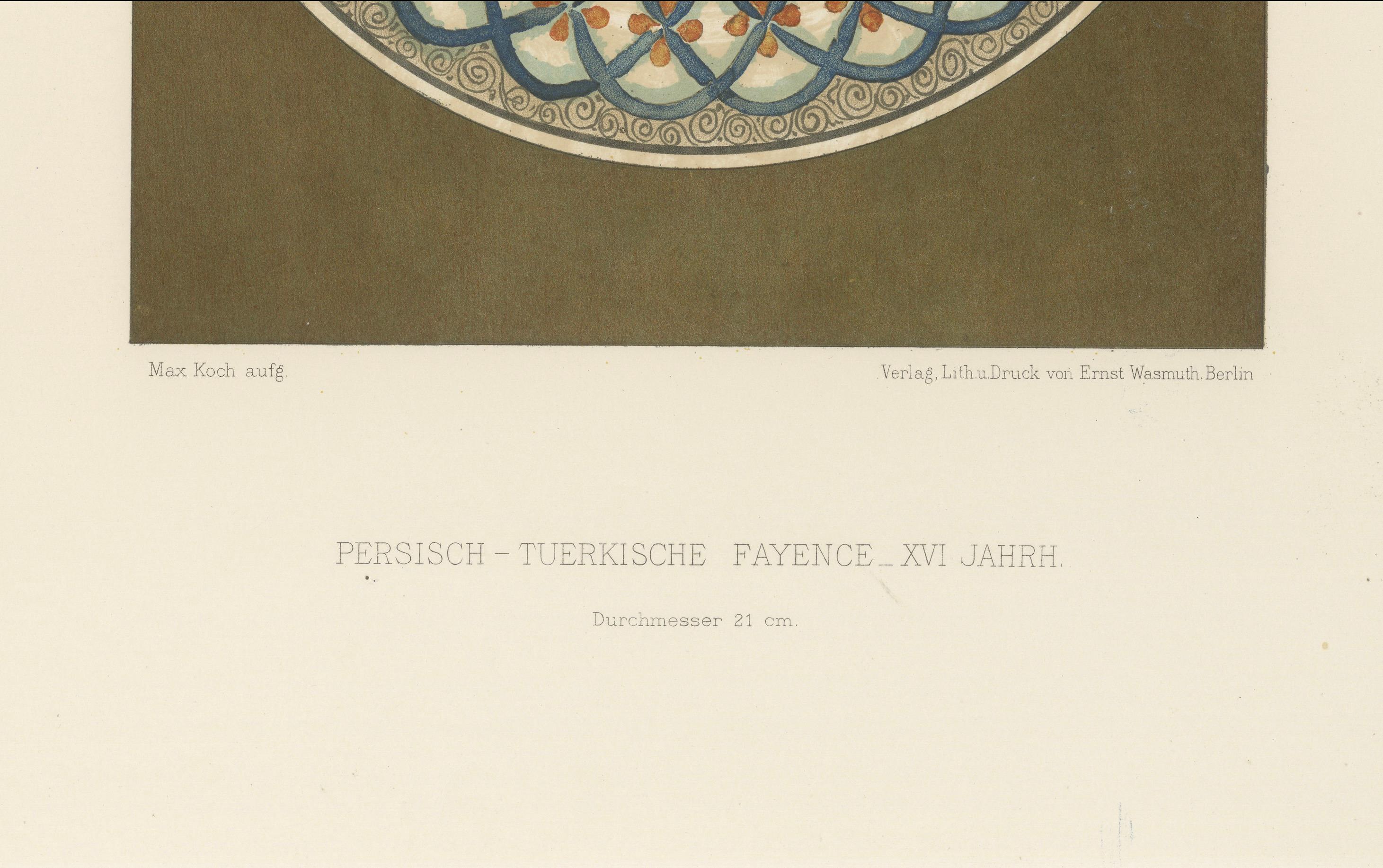 Assiette en faïence perse-turque à motif entrelacé - Julius Lessing, Berlin 1890

Description :
Une élégante chromolithographie tirée de Persisch-Türkische Fayencen (Faïence persane-turque) de Julius Lessing, publiée à Berlin par Ernst Wasmuth en