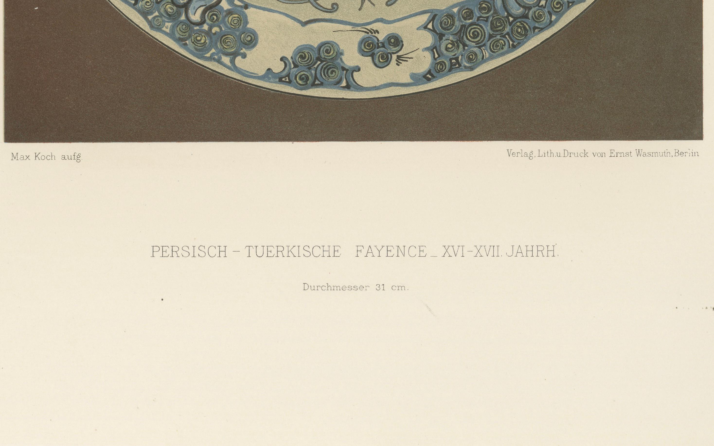 Persisch-türkischer Fayence-Teller mit Tulpen- und Artischockenmotiv - Julius Lessing, Berlin 1890

Beschreibung:
Eine exquisite Chromolithografie aus Julius Lessings Persisch-Türkische Fayencen, die 1890 bei Ernst Wasmuth, Berlin, erschienen ist.