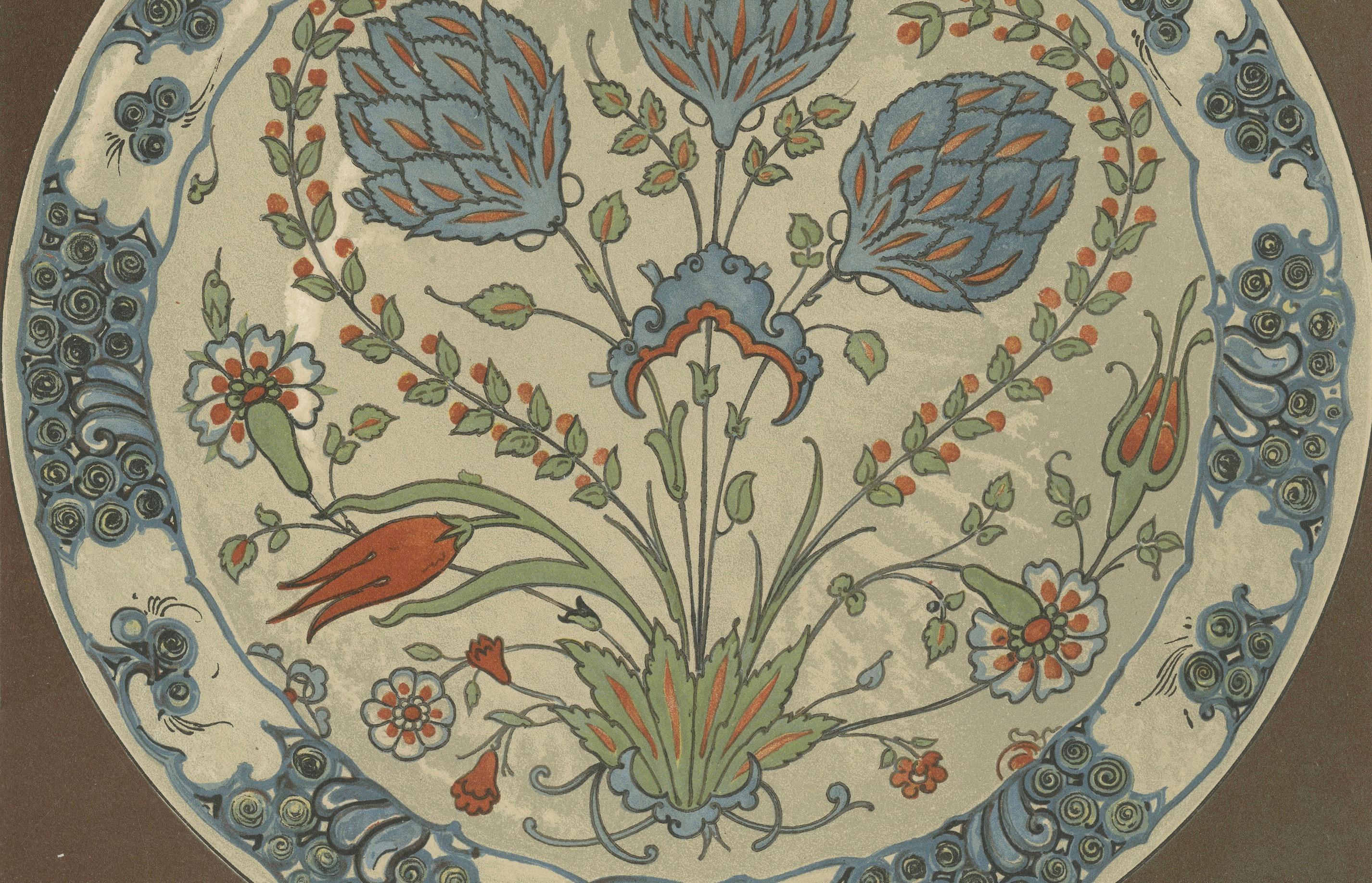 Persisch-türkischer Fayenceteller mit Tulpen- und Artischockenmotiv - J.Lessing, 1890 im Zustand „Gut“ im Angebot in Langweer, NL