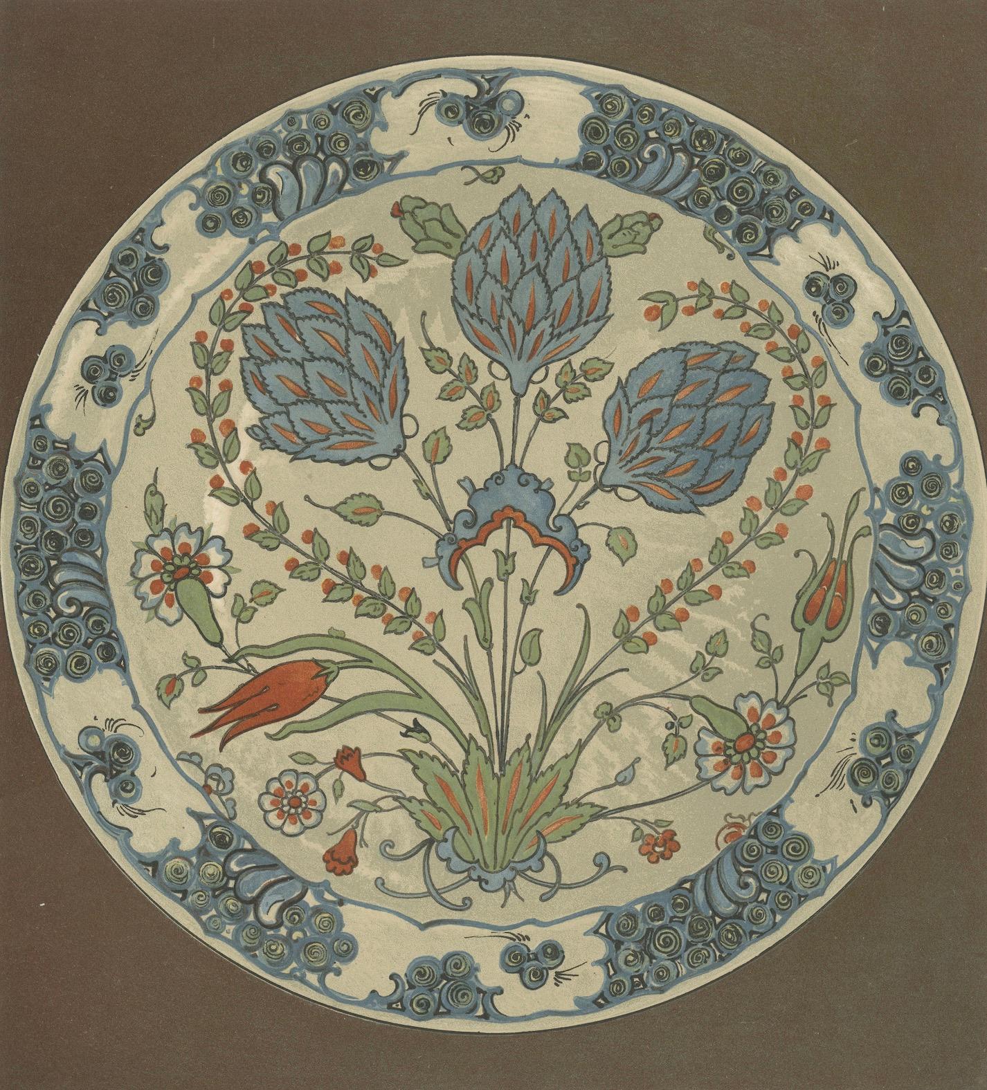 Persisch-türkischer Fayenceteller mit Tulpen- und Artischockenmotiv - J.Lessing, 1890 (Spätes 19. Jahrhundert) im Angebot