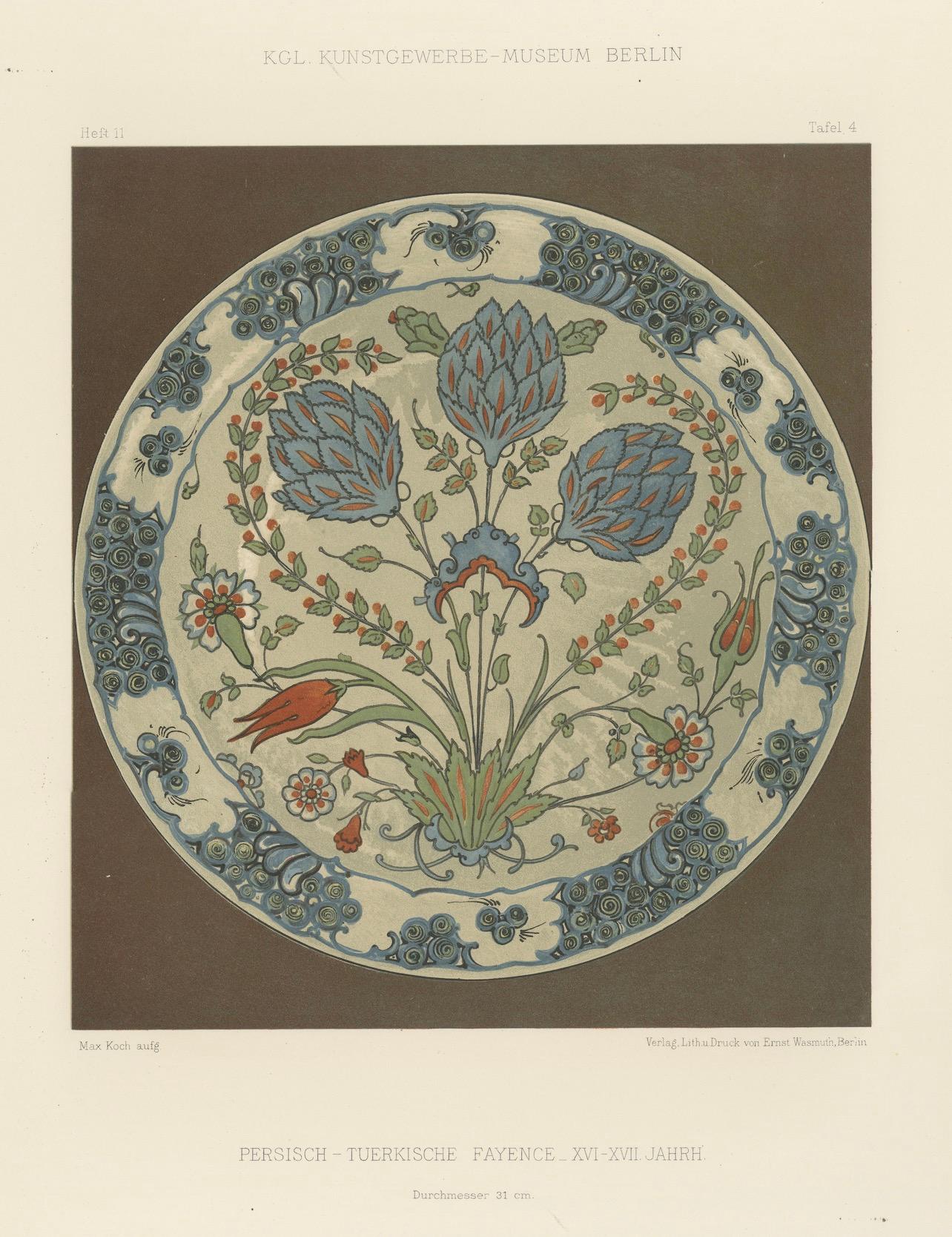 Persisch-türkischer Fayenceteller mit Tulpen- und Artischockenmotiv - J.Lessing, 1890 (Papier) im Angebot