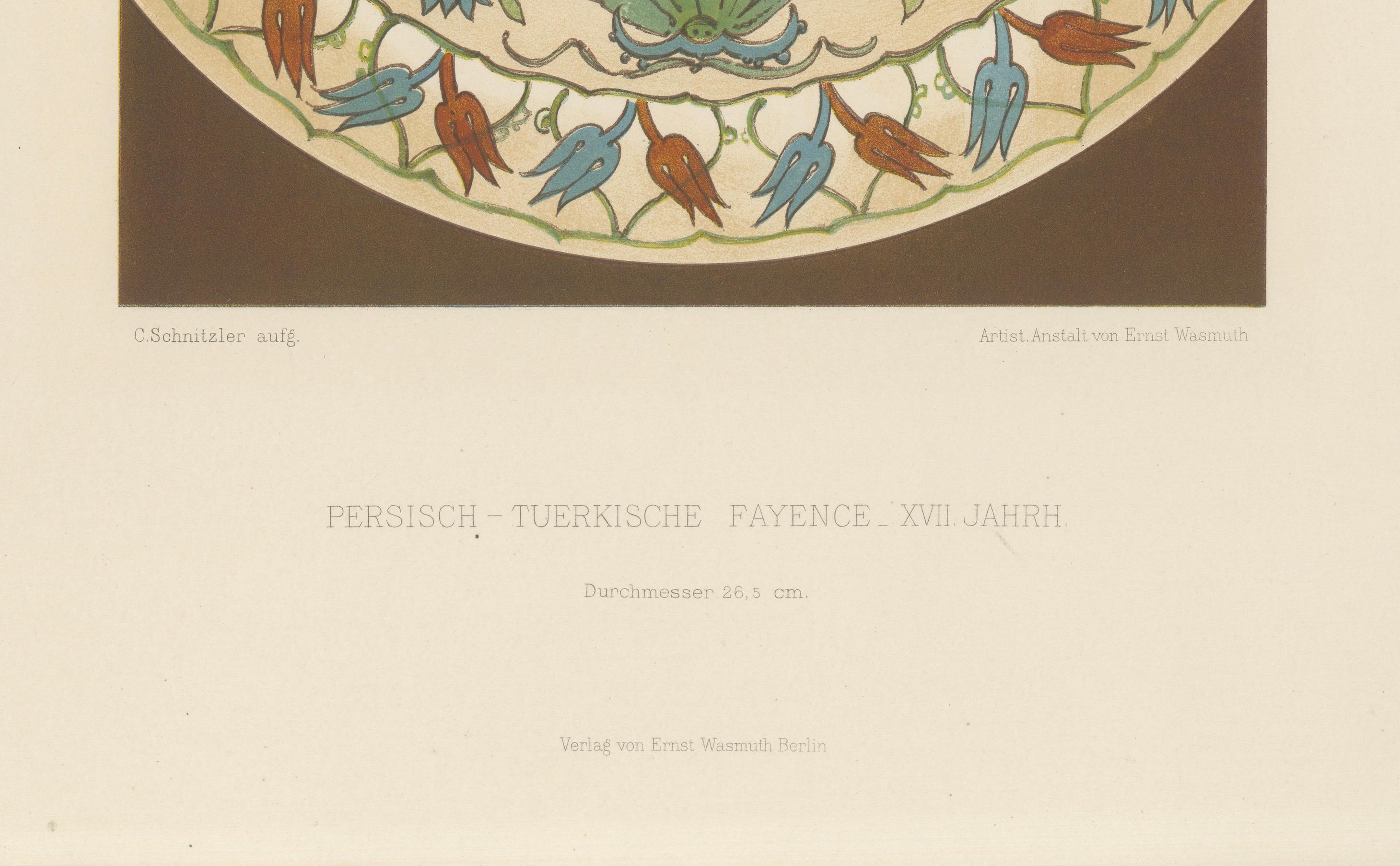 Persisch-türkischer Fayence-Teller mit Tulpen- und Nelkenmotiv - Julius Lessing, Berlin 1890

Beschreibung:
Eine elegante Chromolithografie aus Persisch-Türkischen Fayencen, herausgegeben von Ernst Wasmuth, Berlin, im Jahr 1890 im Rahmen der