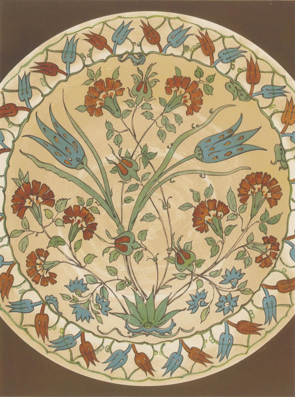 Persisch-türkischer Fayenceteller mit Tulpen- und Nelkendesign - J.Lessing,  1890 (Spätes 19. Jahrhundert) im Angebot