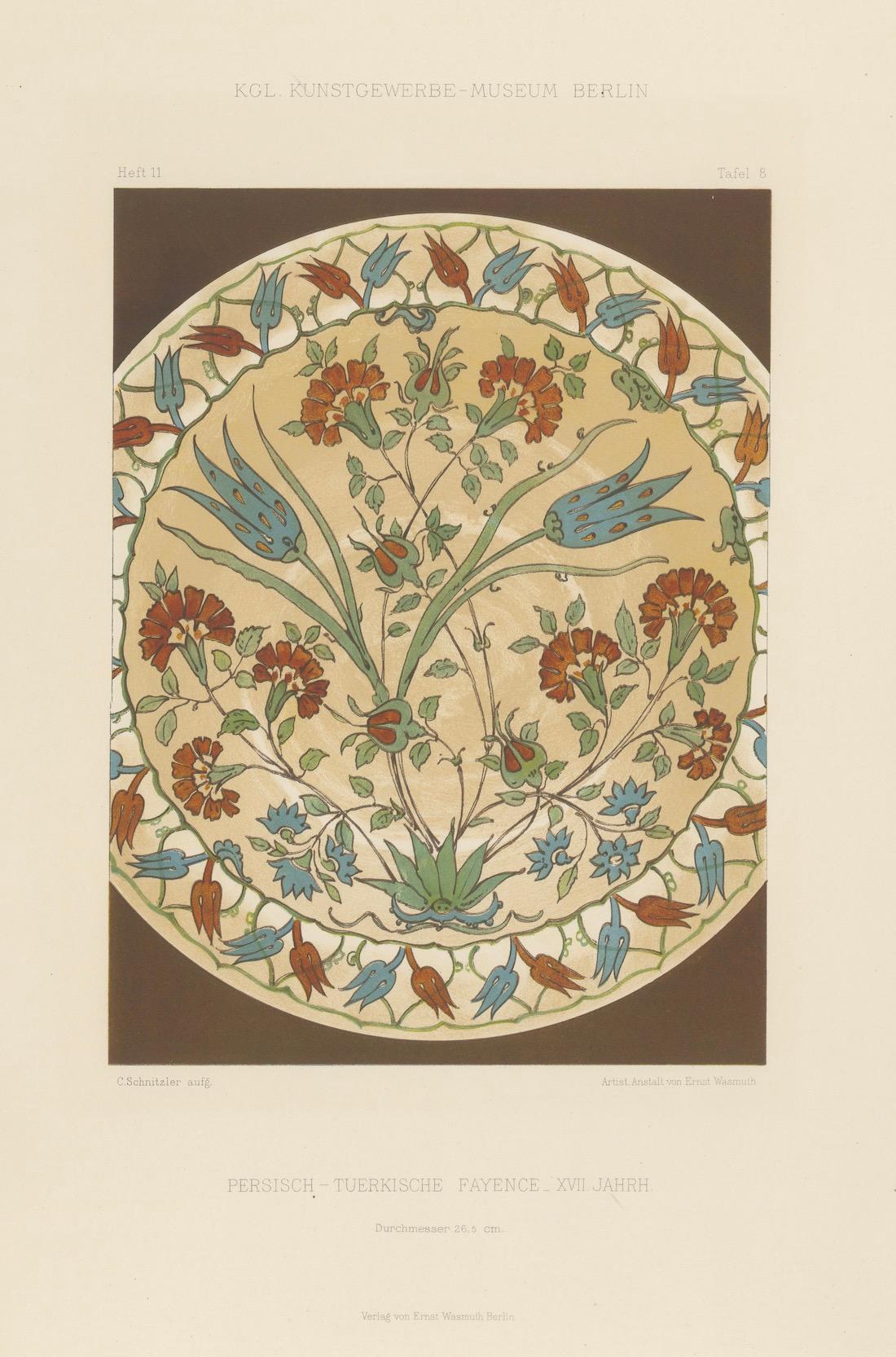 Persisch-türkischer Fayenceteller mit Tulpen- und Nelkendesign - J.Lessing,  1890 (Papier) im Angebot