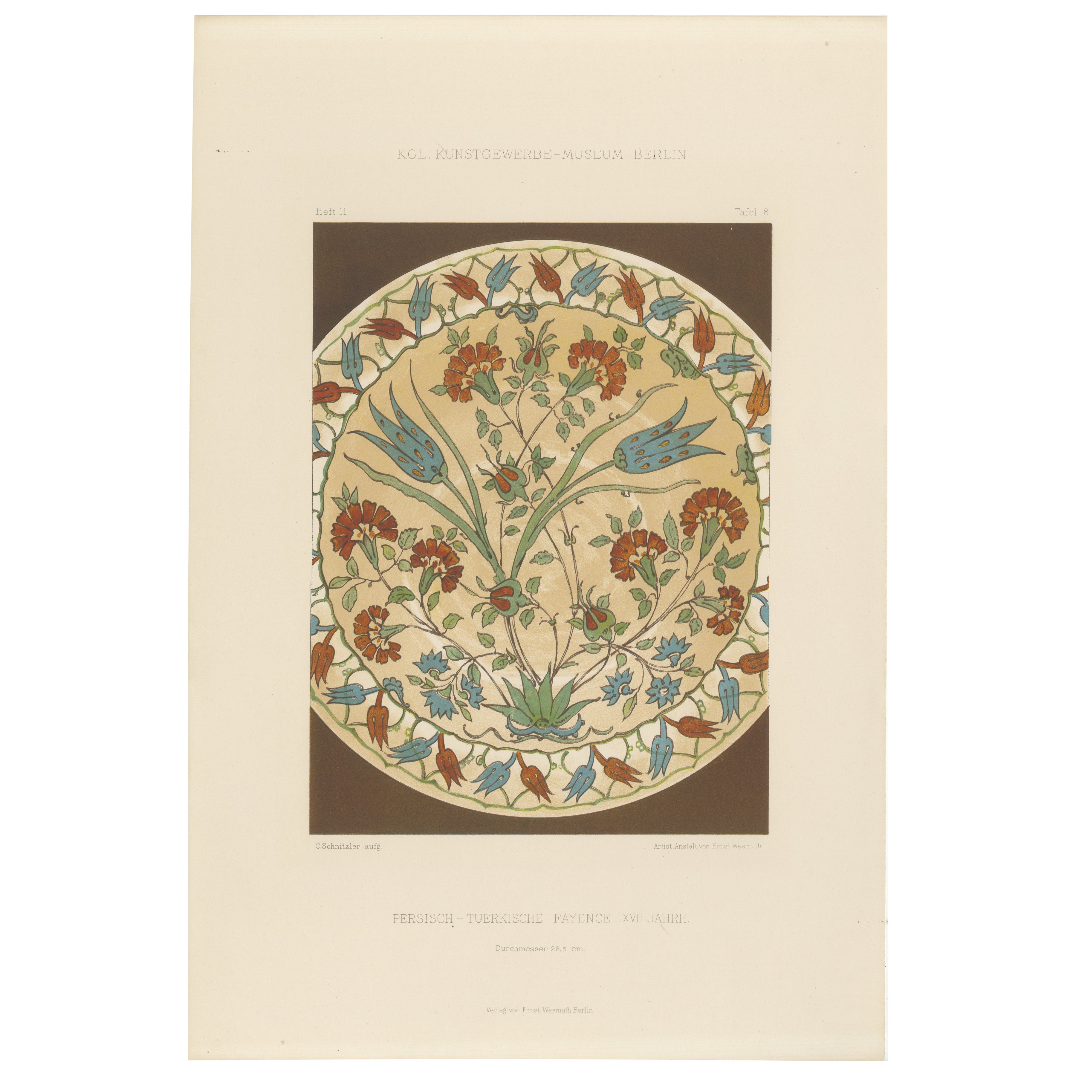 Persisch-türkischer Fayenceteller mit Tulpen- und Nelkendesign - J.Lessing,  1890