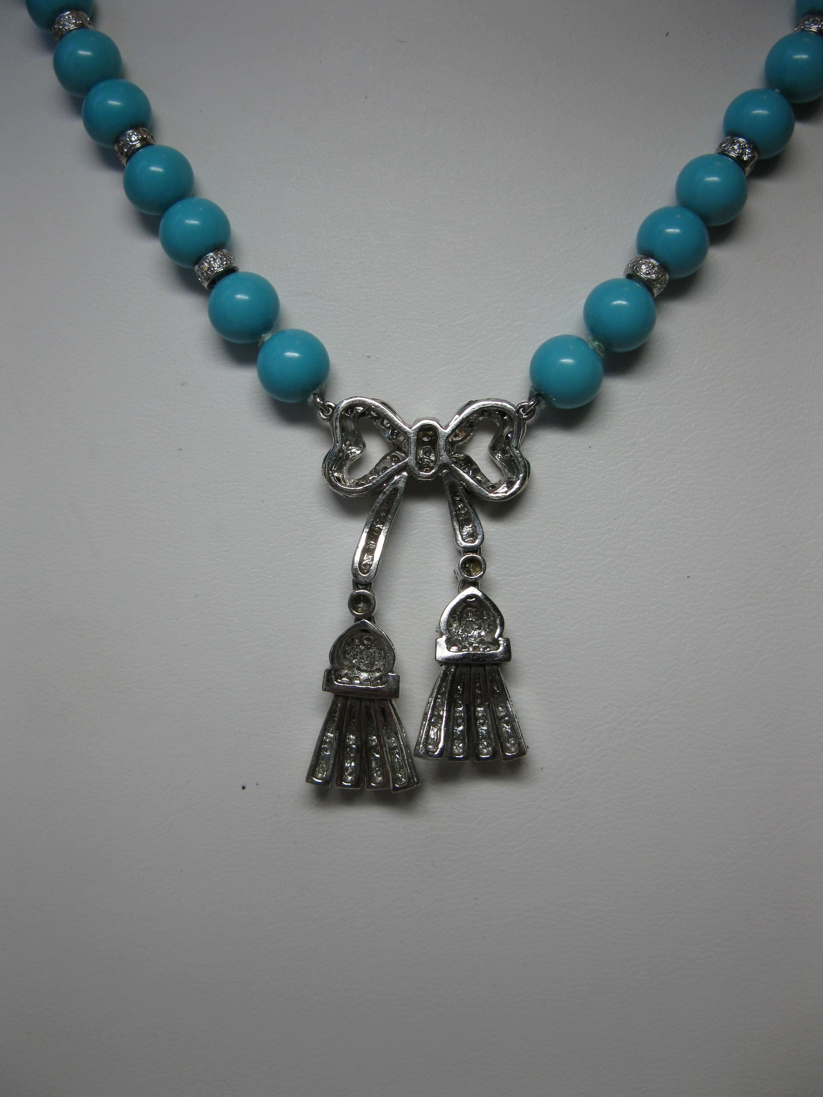 Persian Turquoise 130 Diamond Necklace Robins Egg Blue 14 Karat White Gold Bow 4