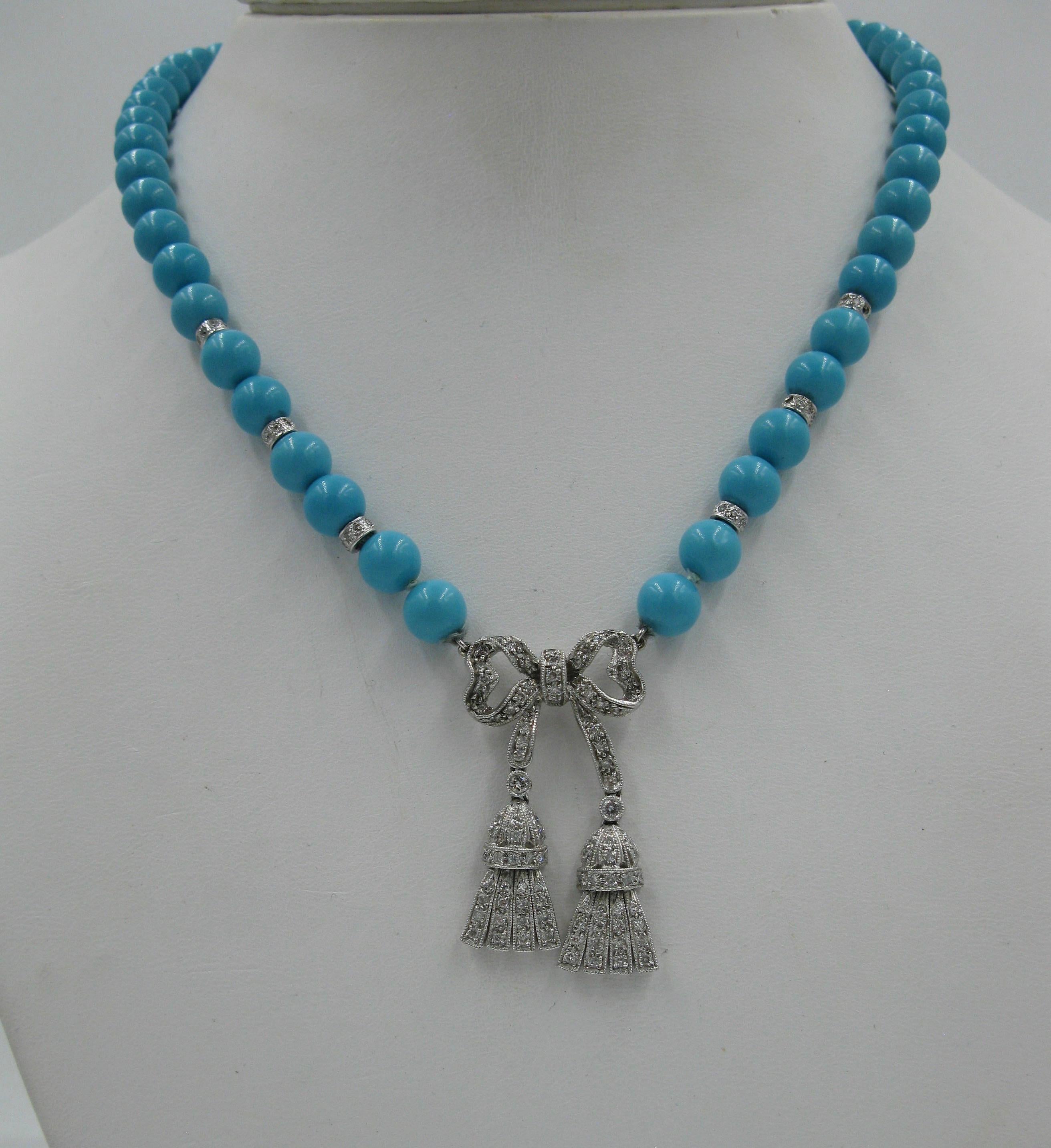 Round Cut Persian Turquoise 130 Diamond Necklace Robins Egg Blue 14 Karat White Gold Bow