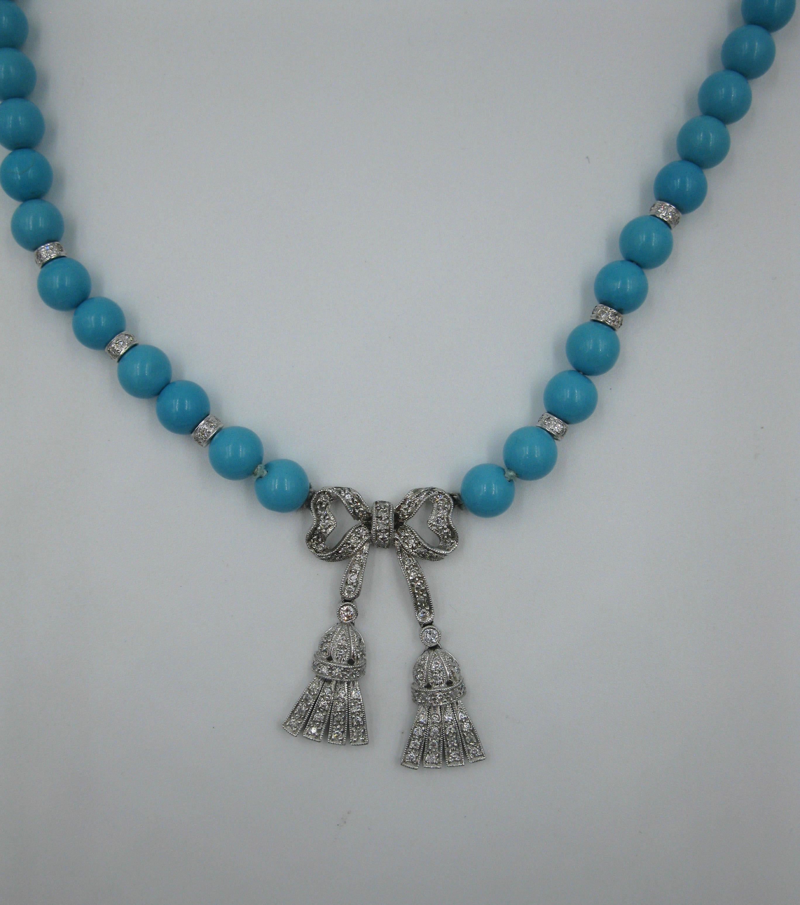 Persian Turquoise 130 Diamond Necklace Robins Egg Blue 14 Karat White Gold Bow In Good Condition In New York, NY