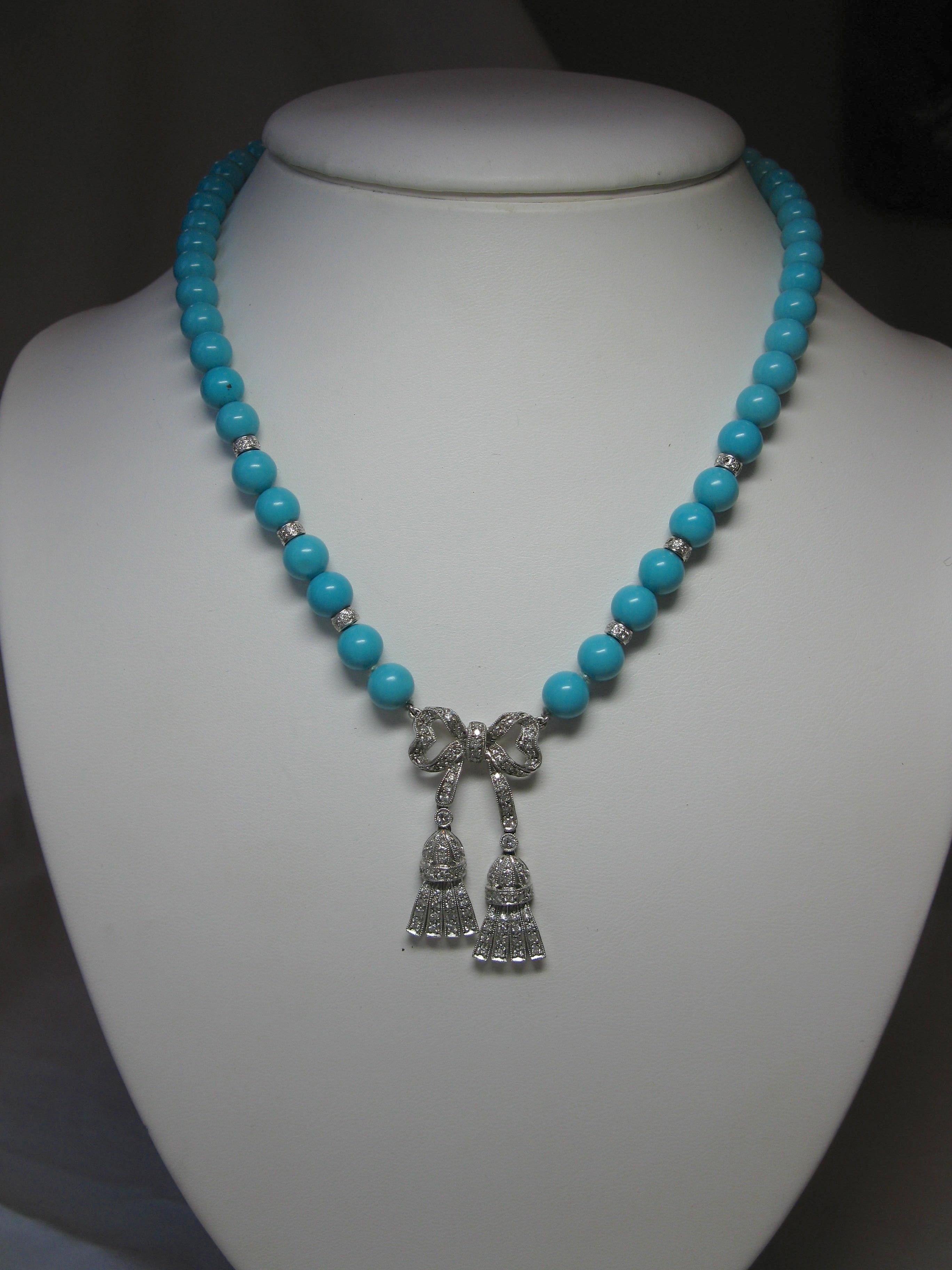 Persian Turquoise 130 Diamond Necklace Robins Egg Blue 14 Karat White Gold Bow 3