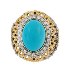 Persian Turquoise 18 Karat Yellow Gold and White Gold Diamond Ring Made in Italy