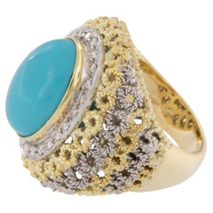 Persian Turquoise 18 Karat Yellow Gold and White Gold Diamond Ring Made in Italy