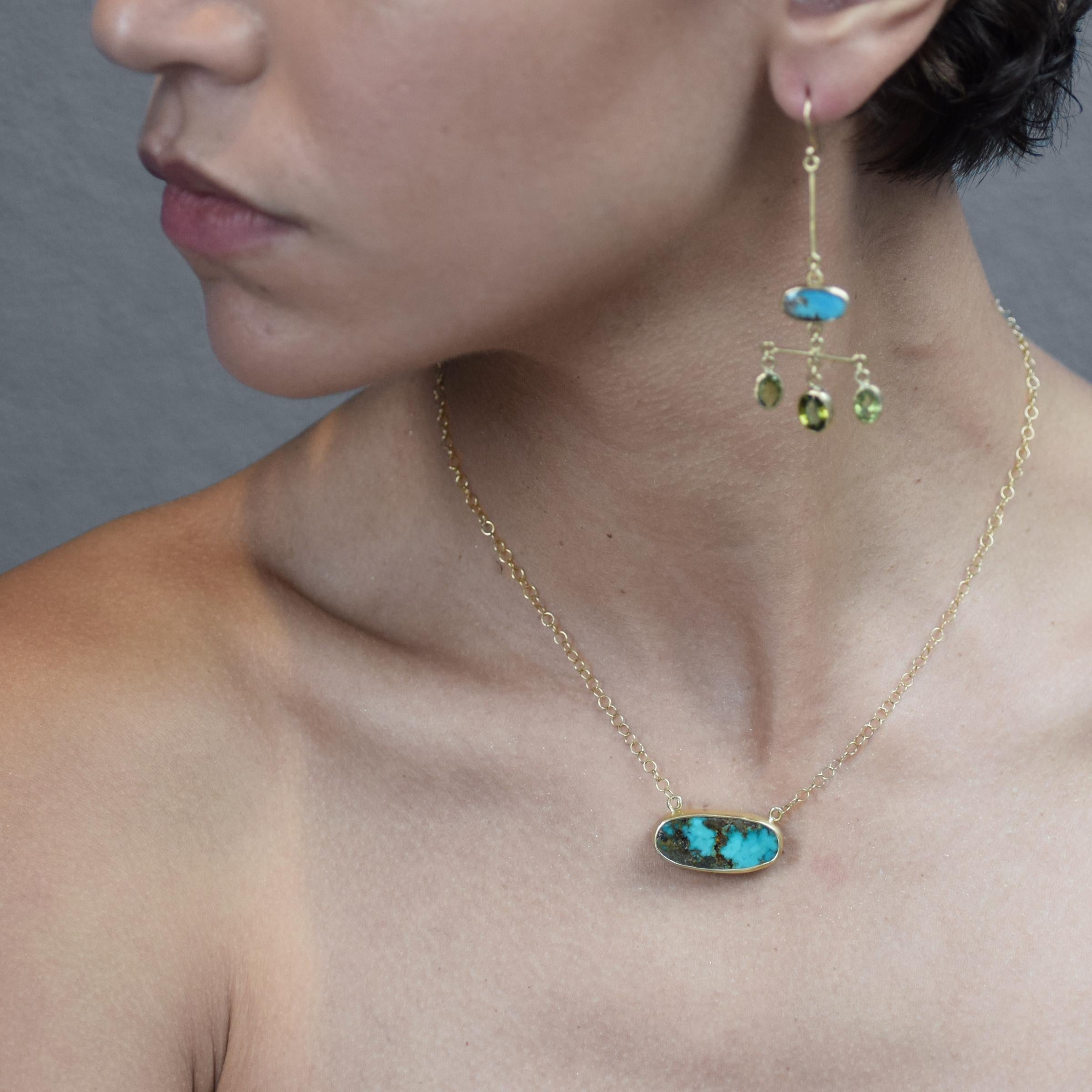 Here's a one-of-a-kind 18K gold choker featuring this Persian Turquoise large oval gem.
The gem is bezel set in 18K gold with a sterling silver backing.  Simple, elegant and hand finished in a brushed matte. 
The turquoise measures 1-1/8