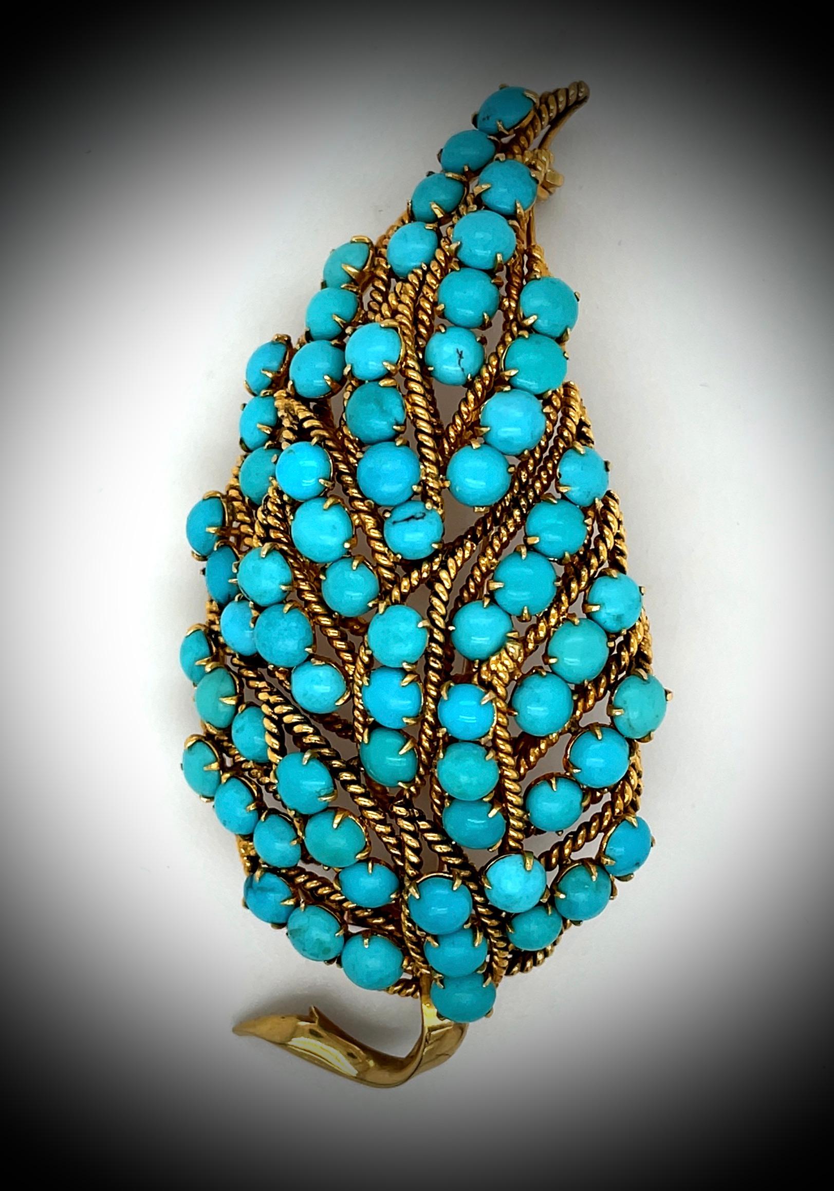 Round Cut Persian Turquoise 18k Yellow Gold Estate Brooch 