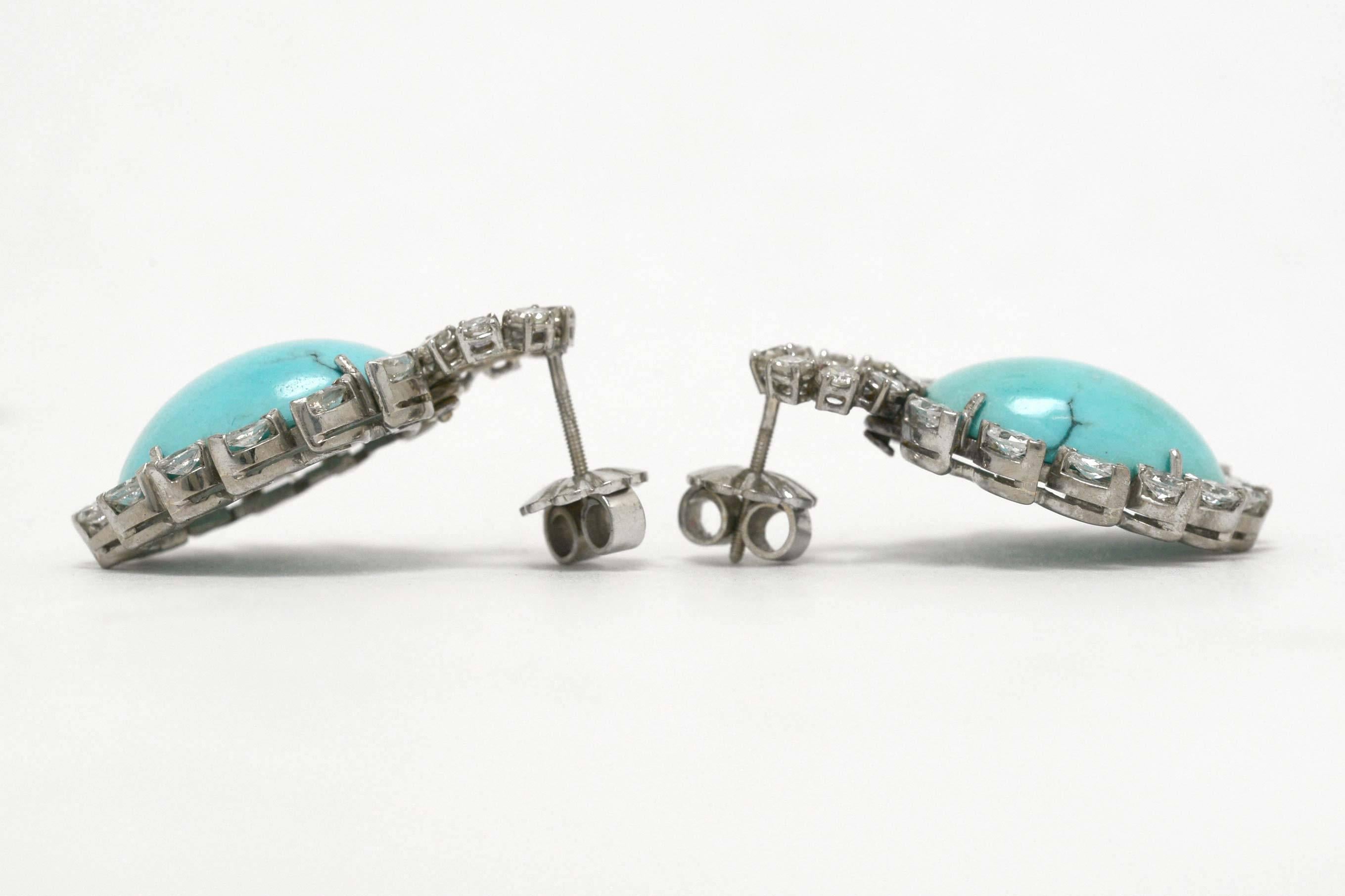 Persian Turquoise Diamond Halo 1970s 18K White Gold Dangle Earrings Vintage 1970 In Good Condition In Santa Barbara, CA