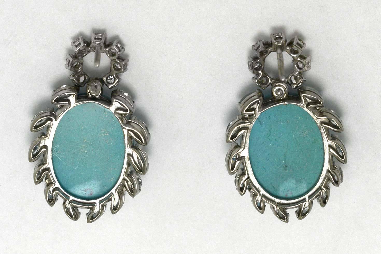 Women's Persian Turquoise Diamond Halo 1970s 18K White Gold Dangle Earrings Vintage 1970