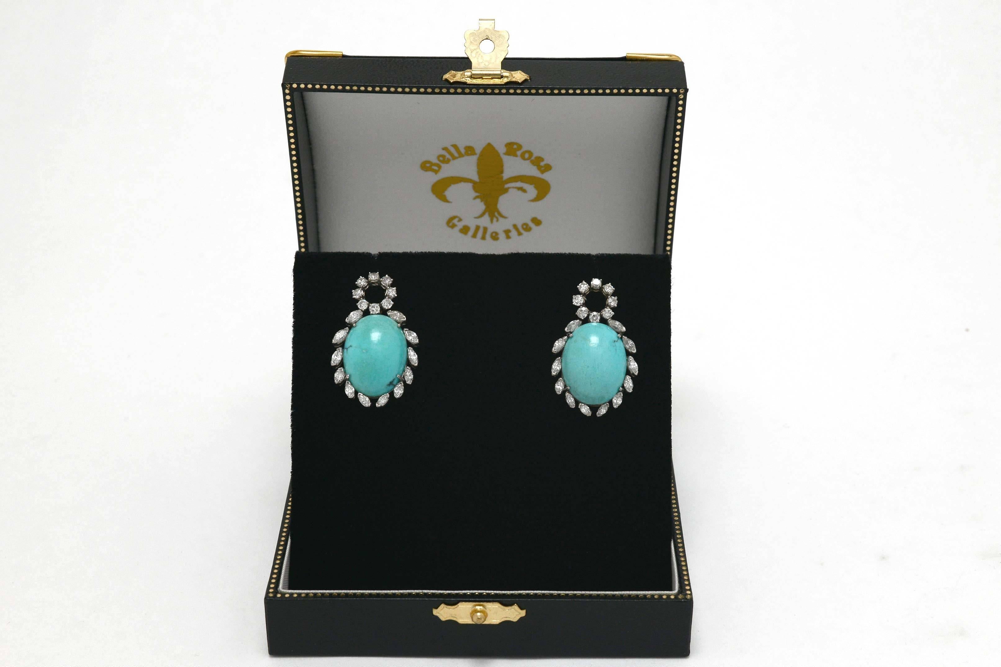 Persian Turquoise Diamond Halo 1970s 18K White Gold Dangle Earrings Vintage 1970 1