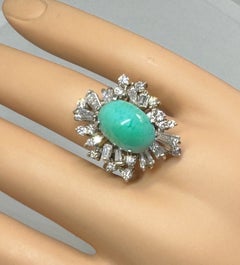 Persian Turquoise 2.5 Carat Diamond Ring Antique Retro Baguette Diamond Halo